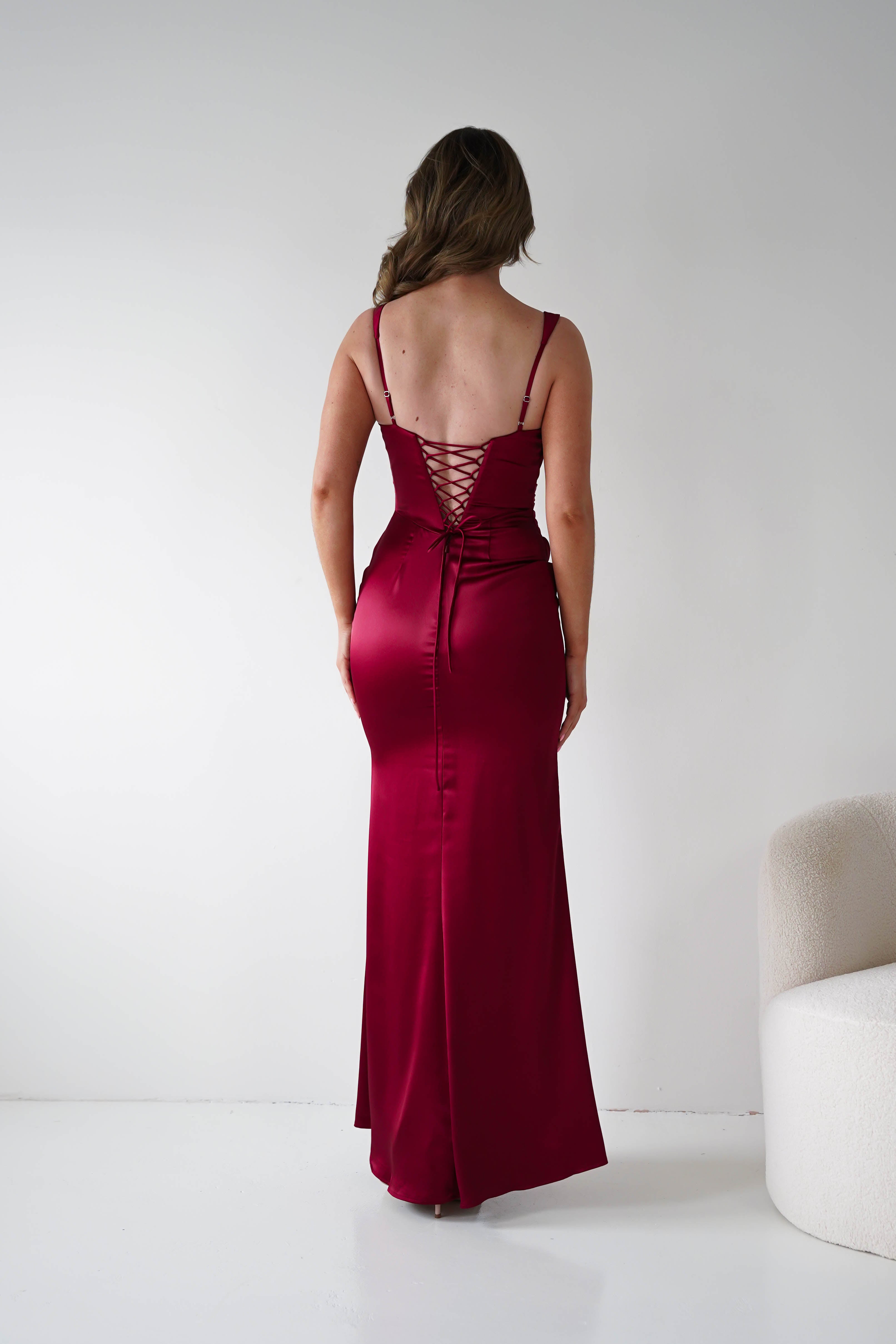 Oh Hello Clothing Women > Clothing > Dresses Addison Sqaure Neck Satin Maxi Dress | Dark Red