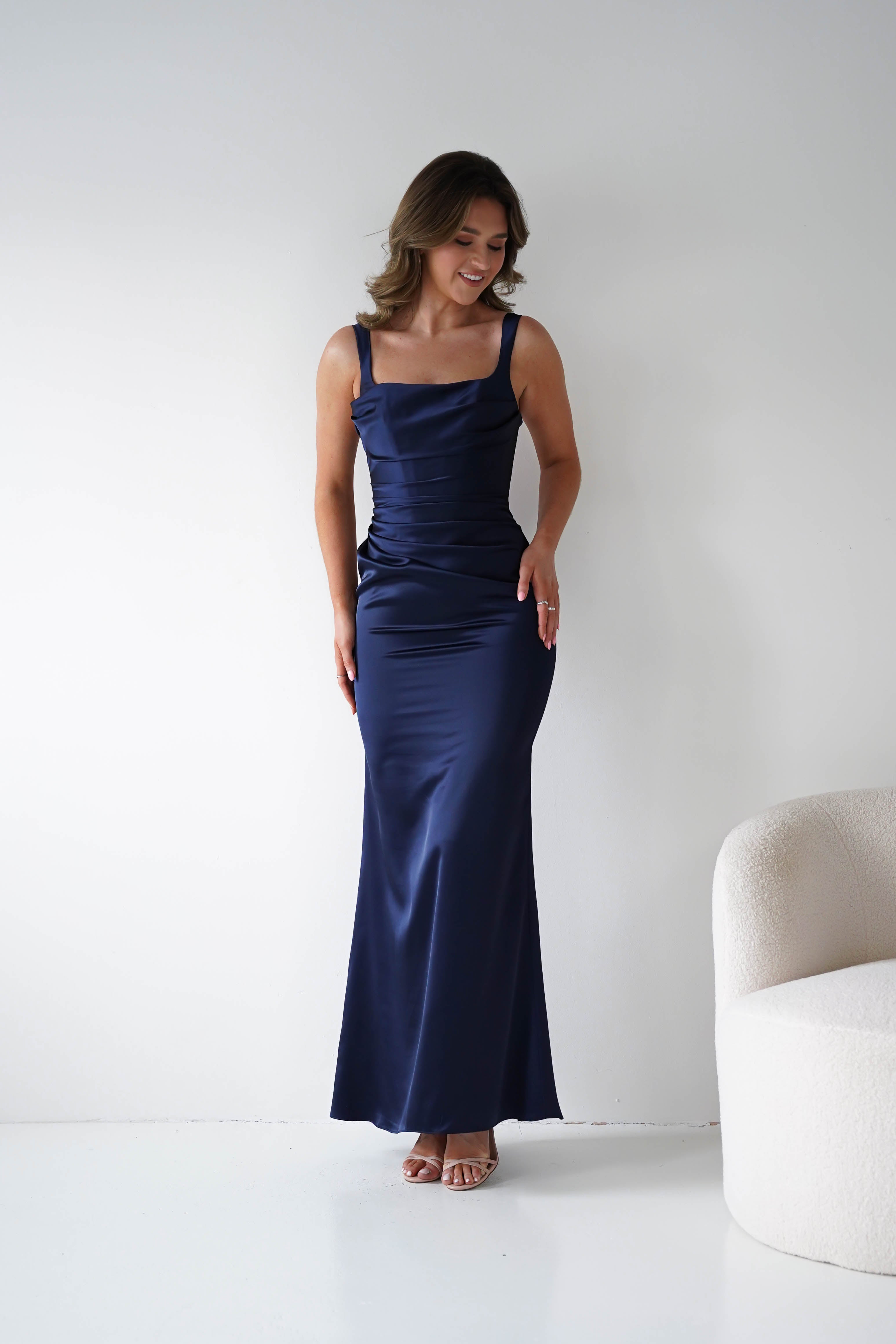 Oh Hello Clothing Women > Clothing > Dresses Addison Sqaure Neck Satin Maxi Dress | Navy