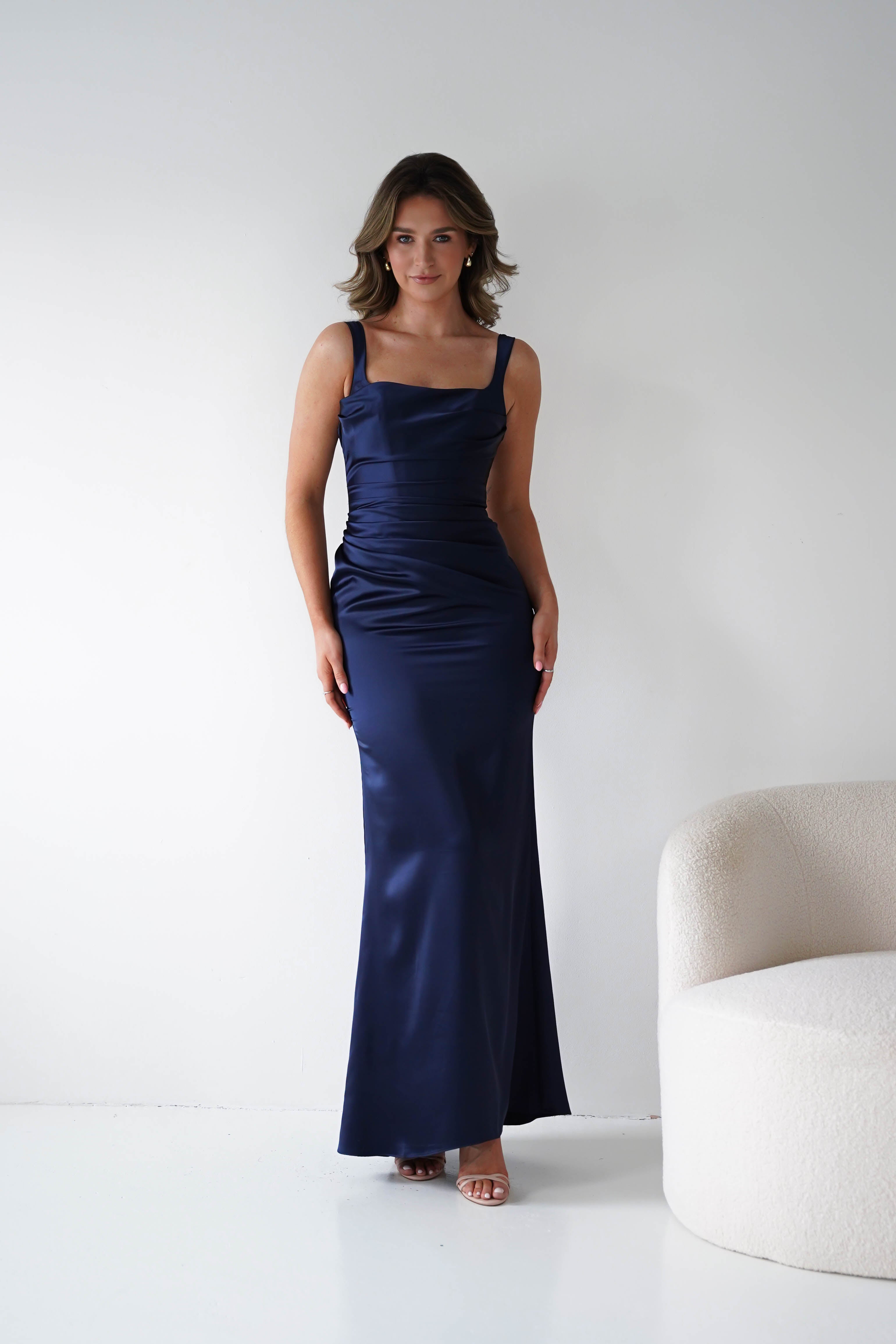 Oh Hello Clothing Women > Clothing > Dresses Addison Sqaure Neck Satin Maxi Dress | Navy