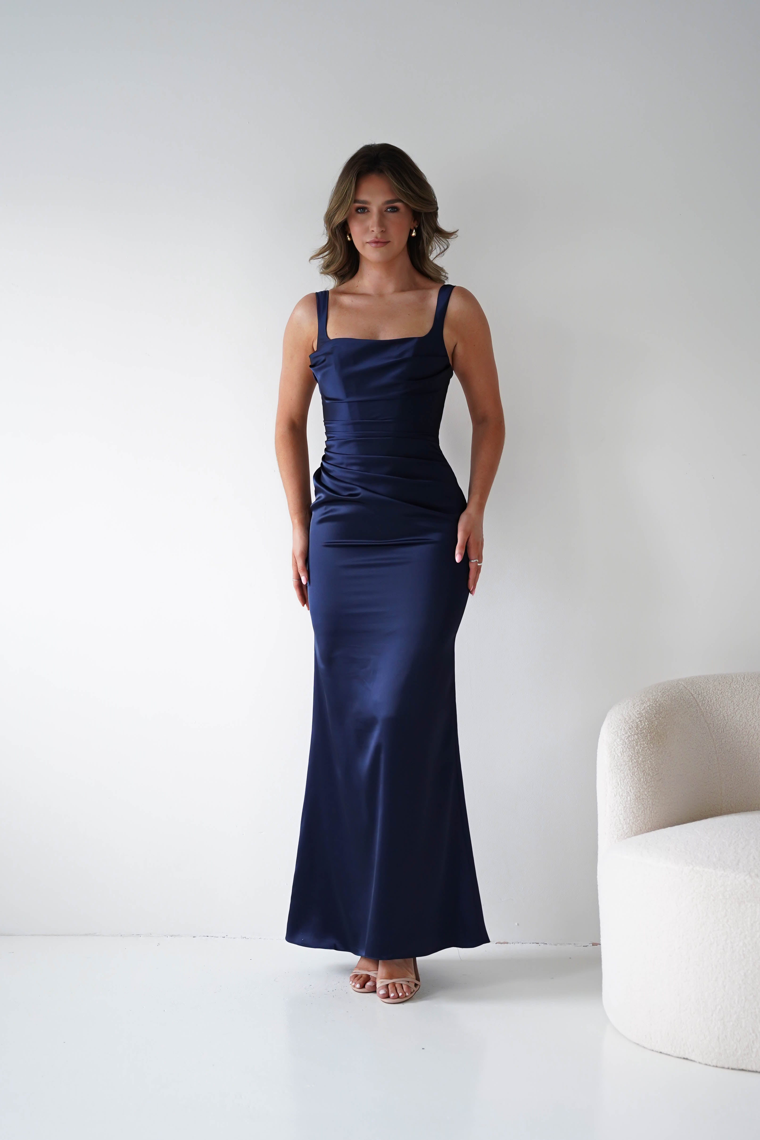 Oh Hello Clothing Women > Clothing > Dresses Addison Sqaure Neck Satin Maxi Dress | Navy