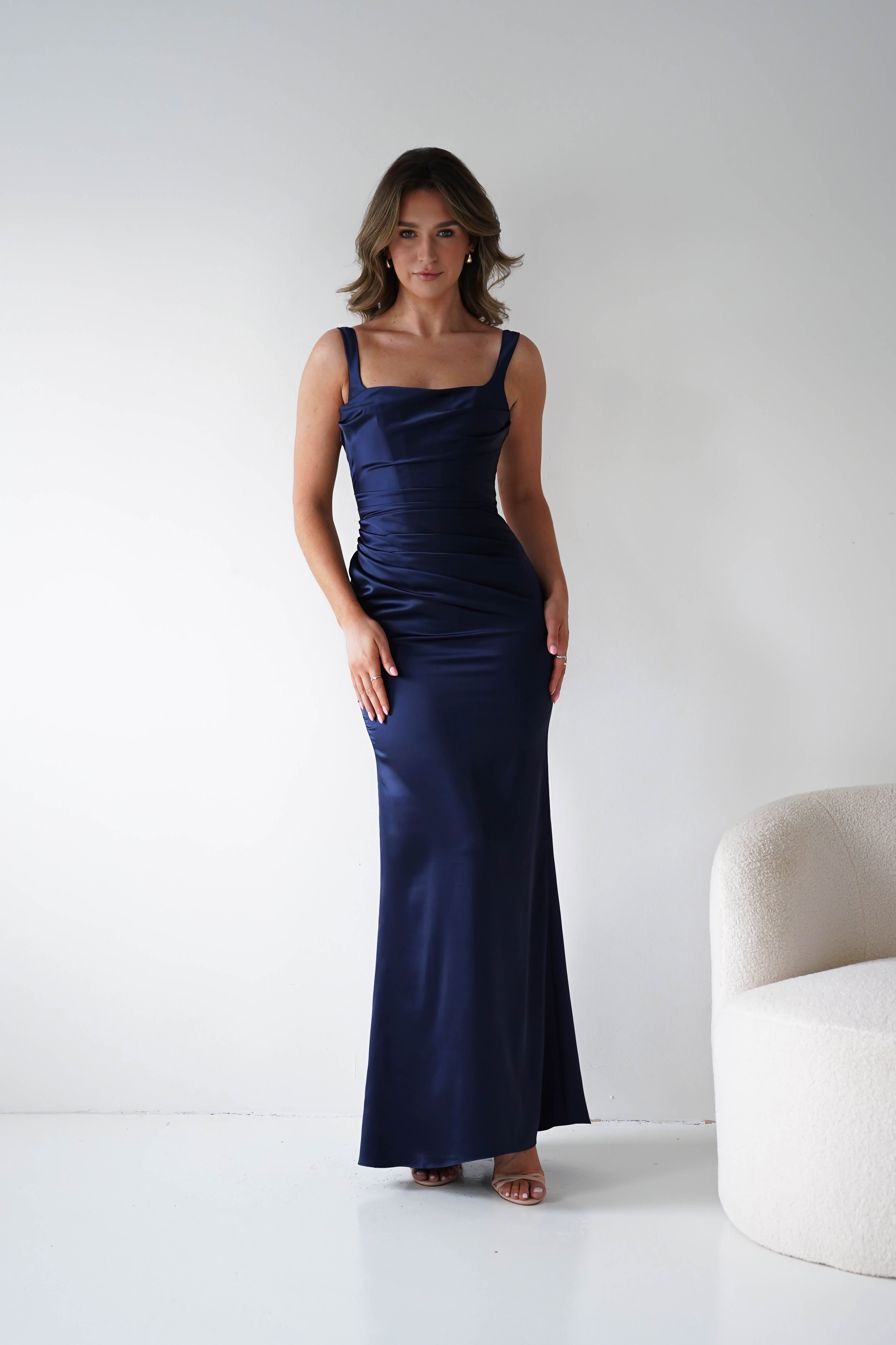 Oh Hello Clothing Women > Clothing > Dresses Addison Sqaure Neck Satin Maxi Dress | Navy
