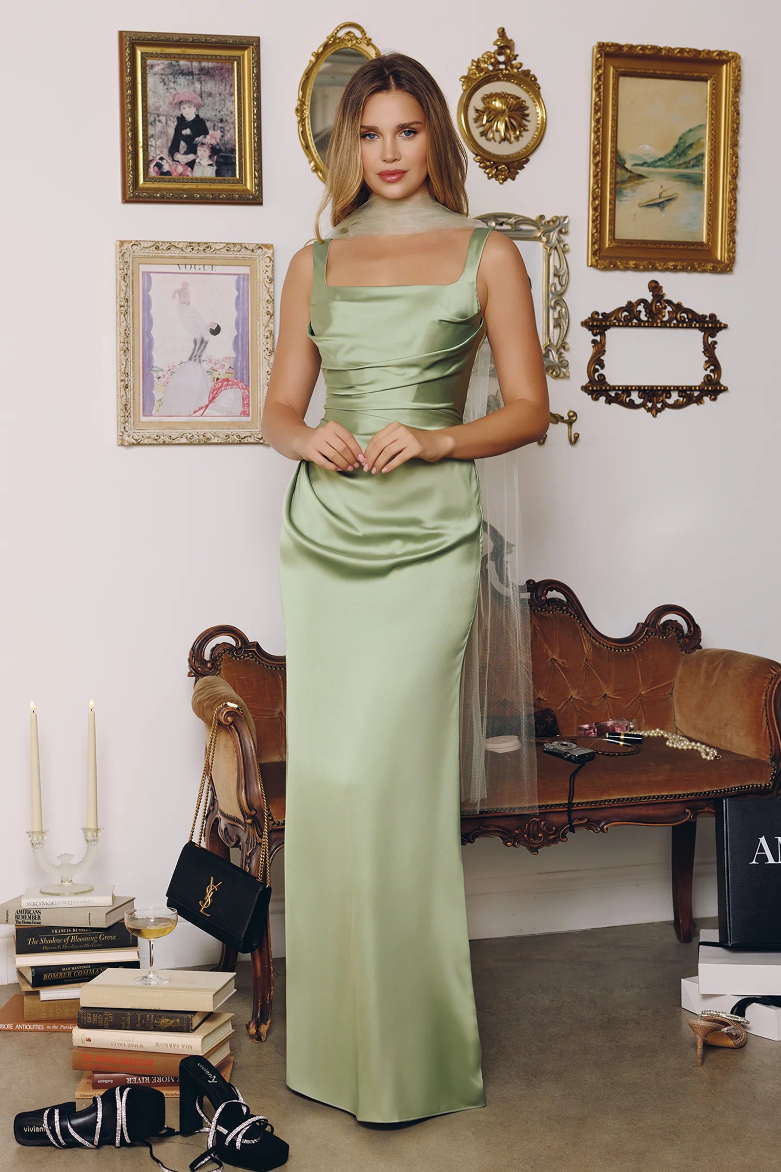 Oh Hello Clothing Women > Clothing > Dresses Addison Sqaure Neck Satin Maxi Dress | Sage