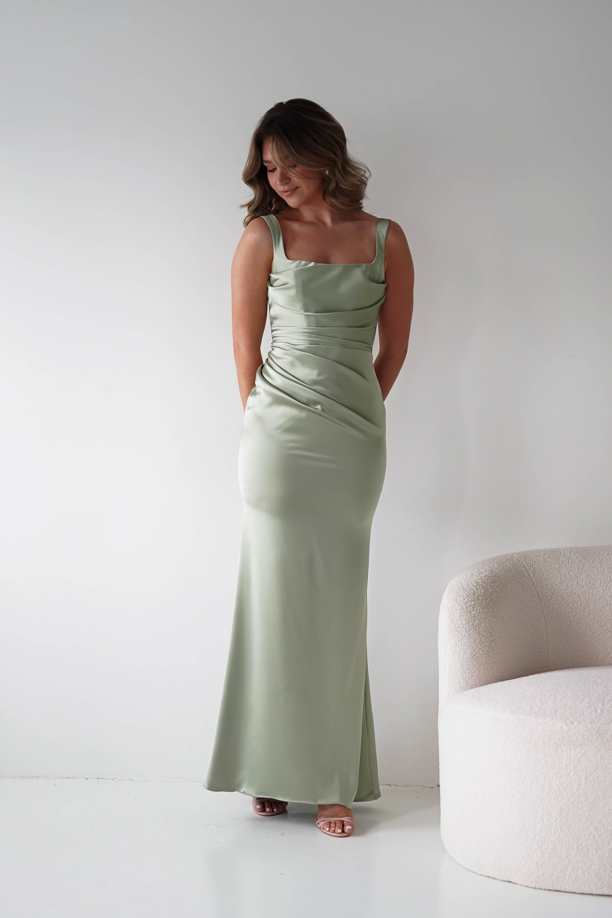 Oh Hello Clothing Women > Clothing > Dresses Addison Sqaure Neck Satin Maxi Dress | Sage