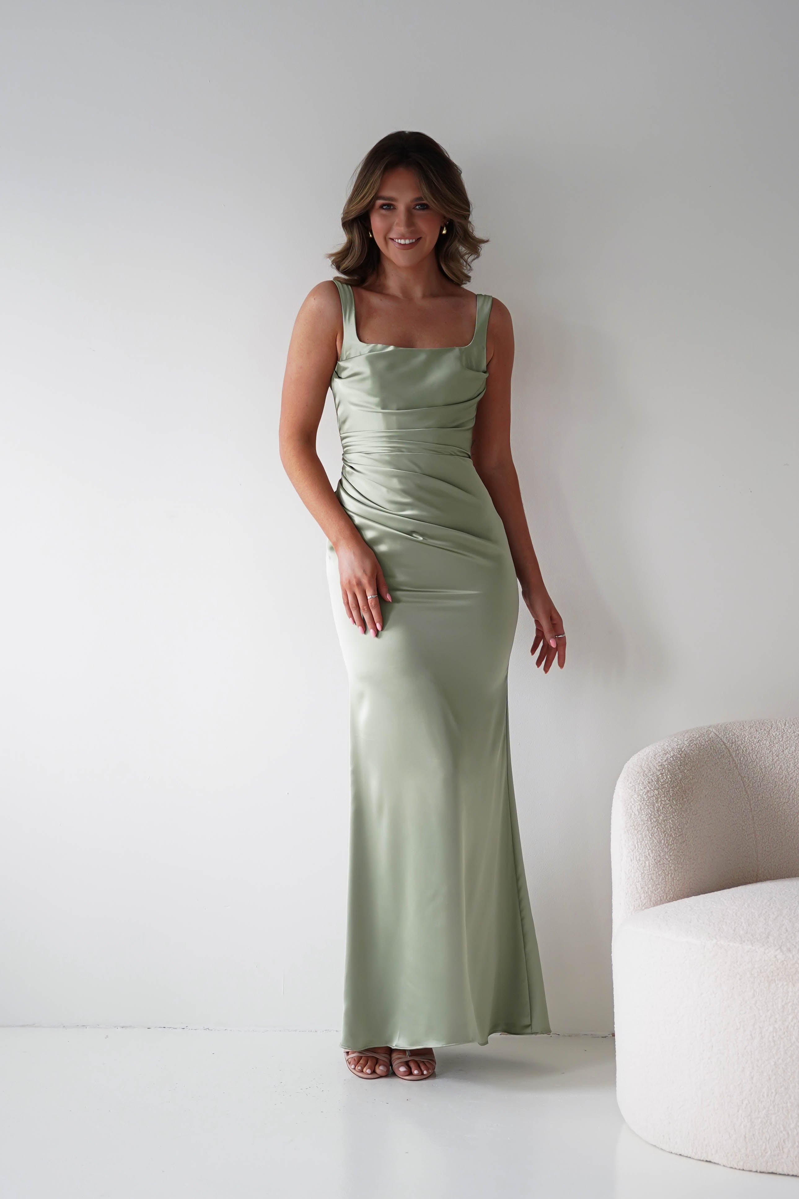 Oh Hello Clothing Women > Clothing > Dresses Addison Sqaure Neck Satin Maxi Dress | Sage