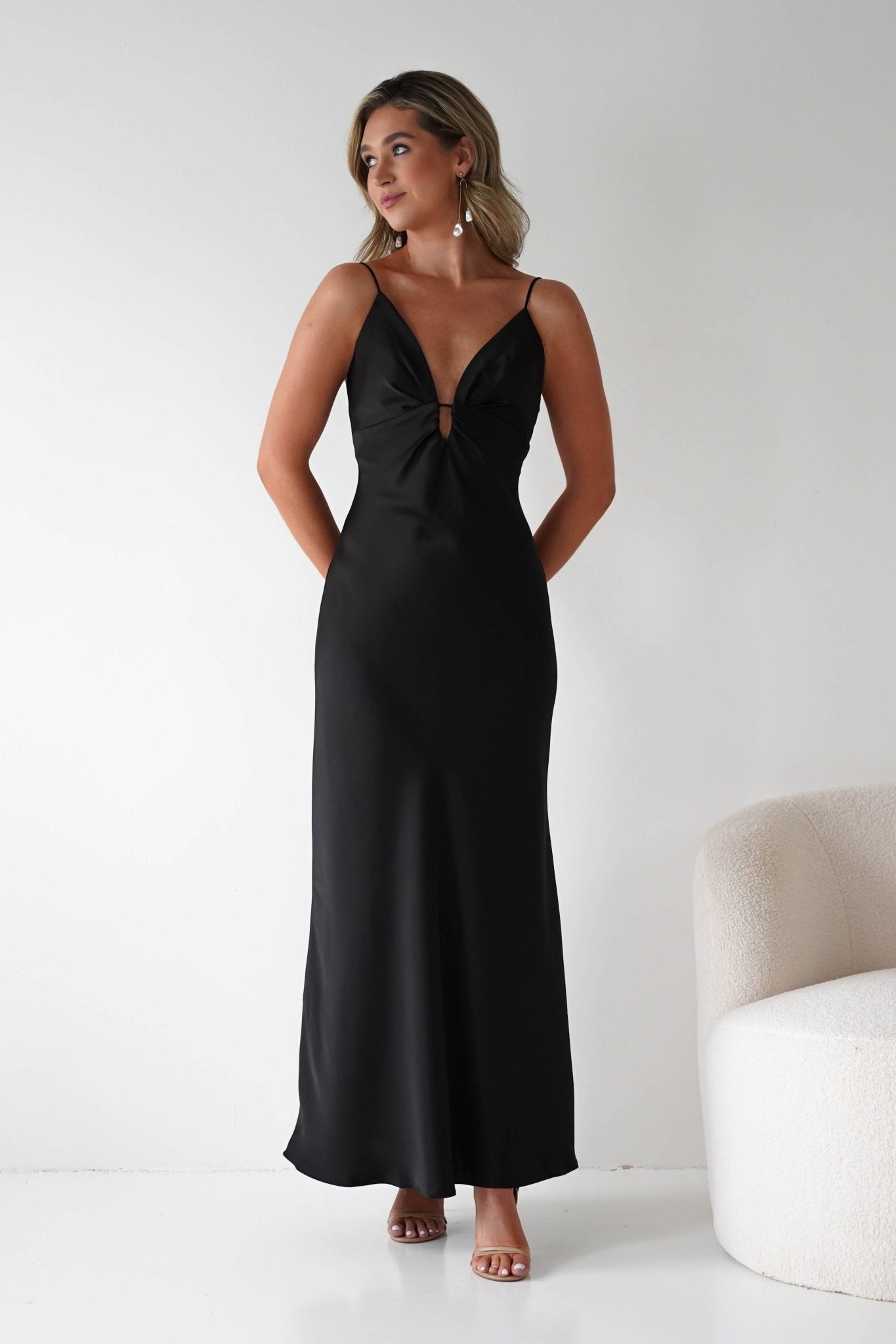 Adley Soft Satin Maxi Dress | Black | Oh Hello Clothing | XS (6)