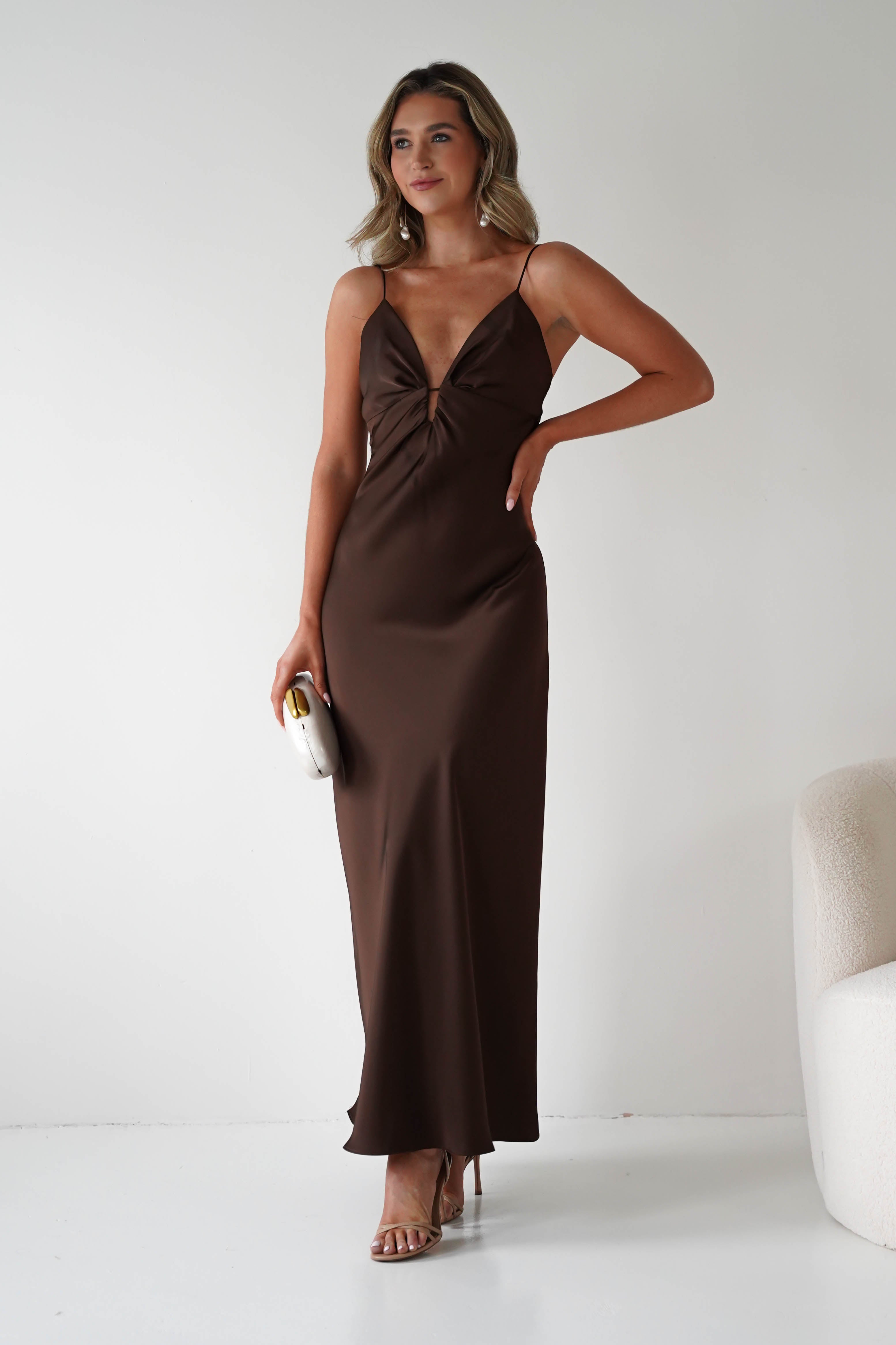Oh Hello Clothing Dresses Adley Soft Satin Maxi Dress | Brown