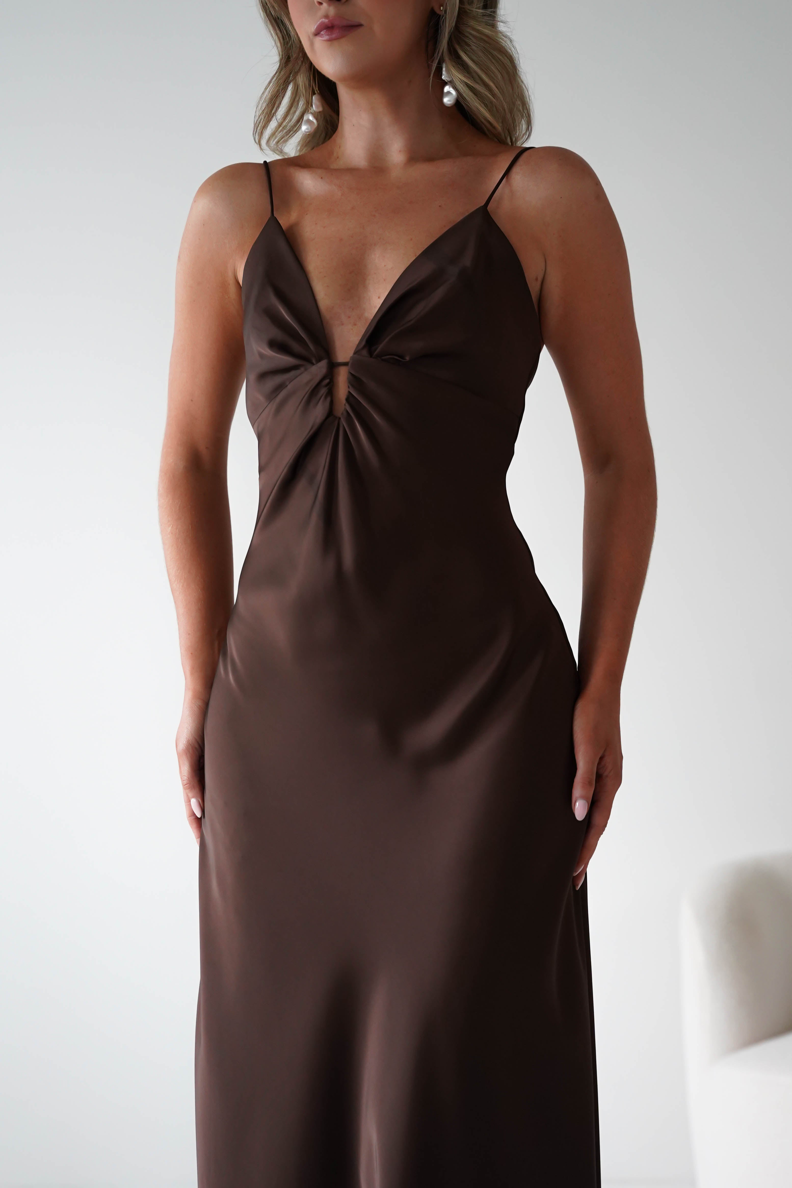 Oh Hello Clothing Dresses Adley Soft Satin Maxi Dress | Brown