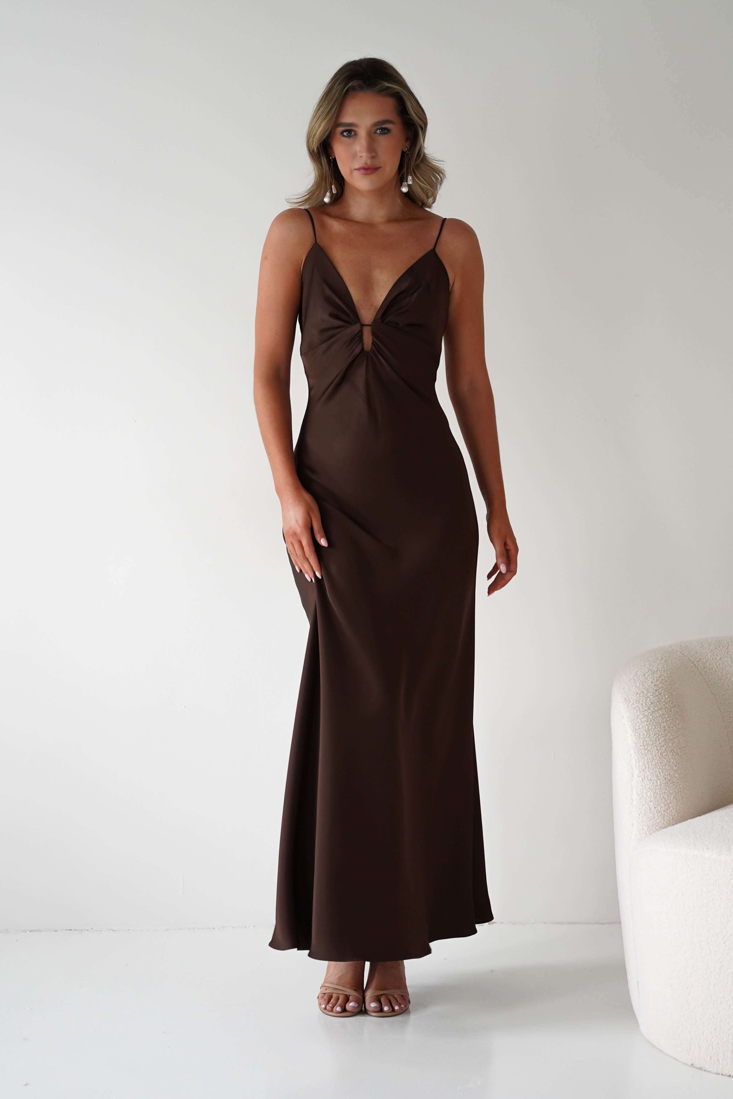 Oh Hello Clothing Dresses Adley Soft Satin Maxi Dress | Brown