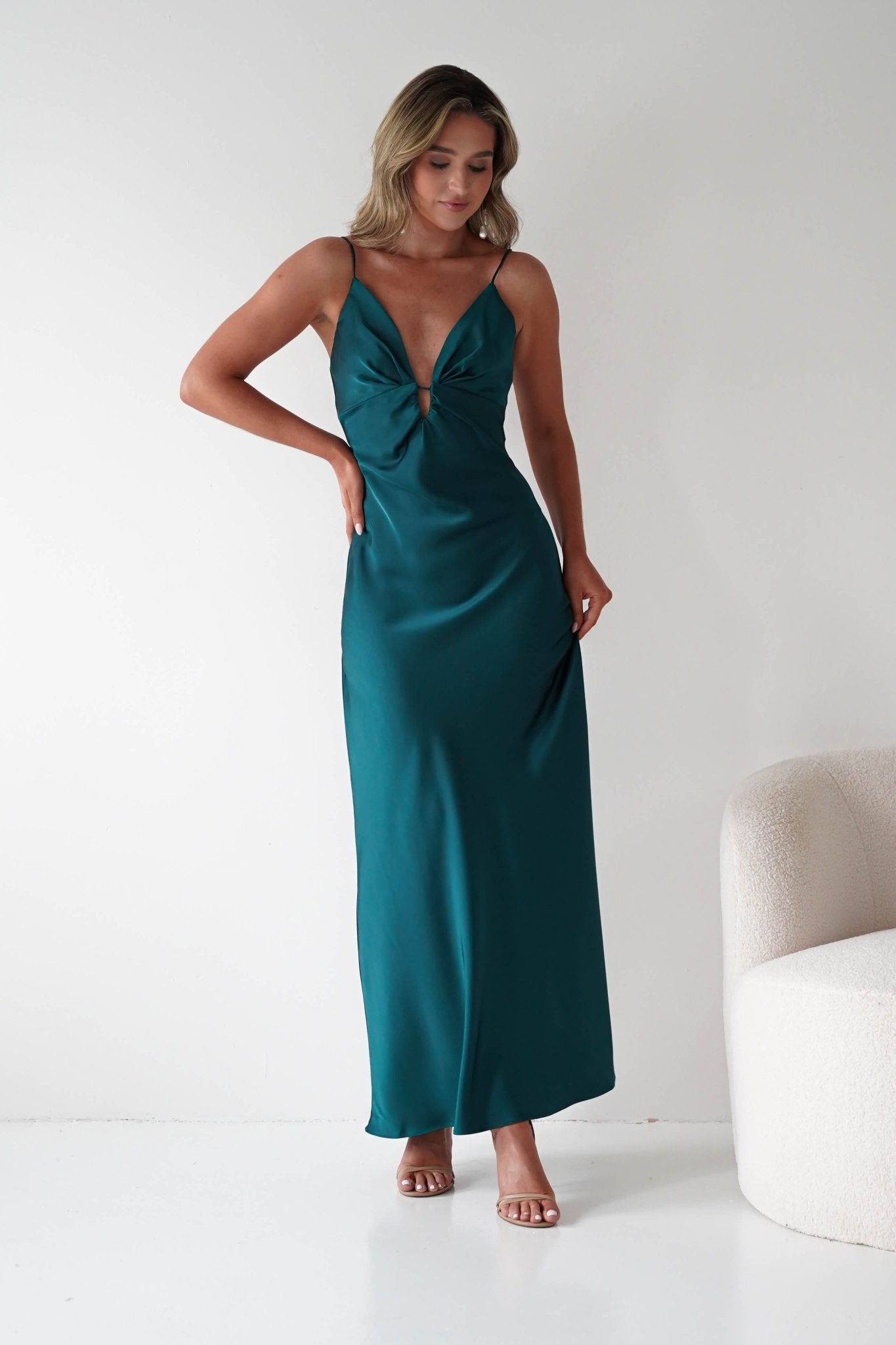 Adley Soft Satin Maxi Dress | Forest Green | Oh Hello Clothing | XS (6)