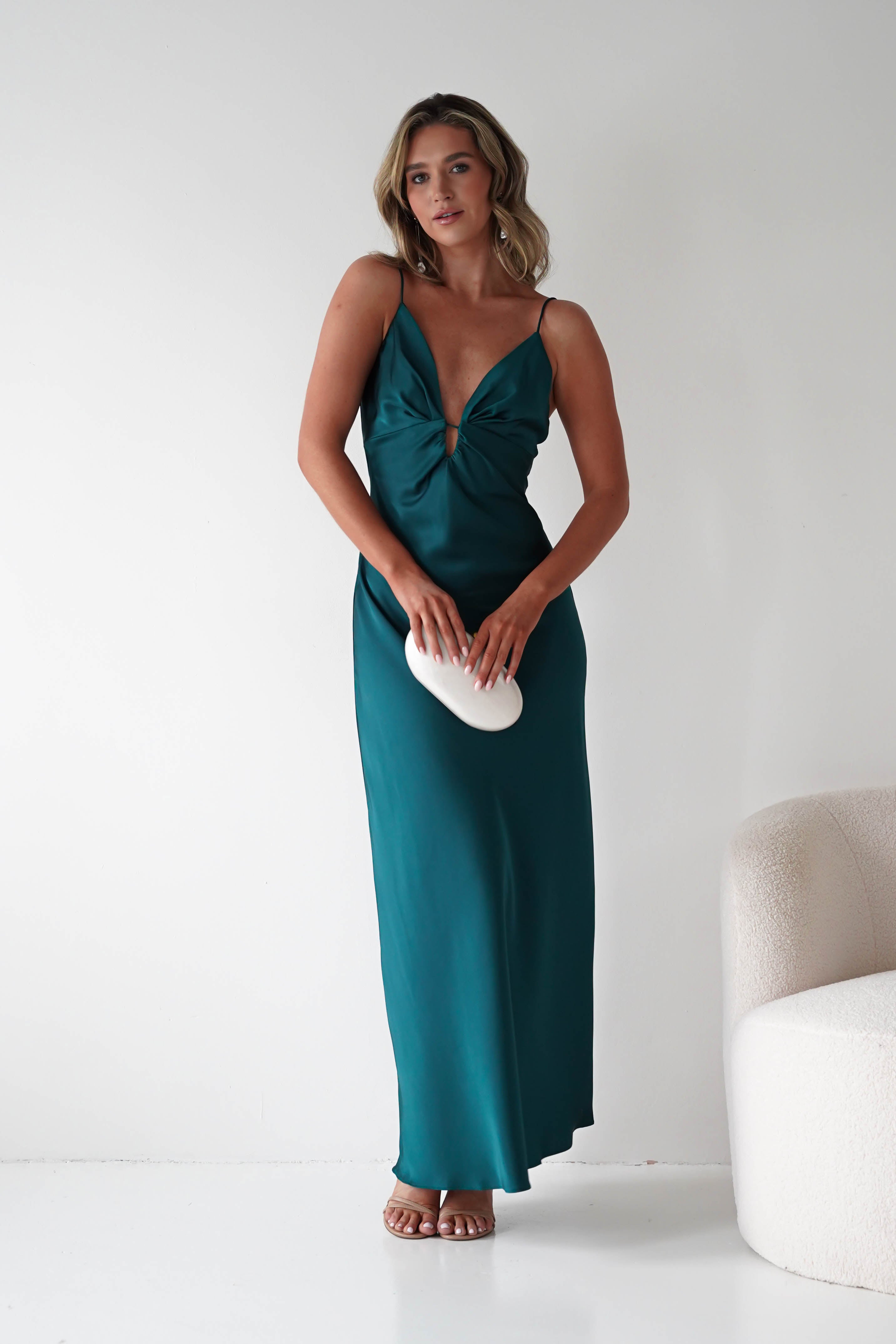 Oh Hello Clothing Dresses Adley Soft Satin Maxi Dress | Forest Green