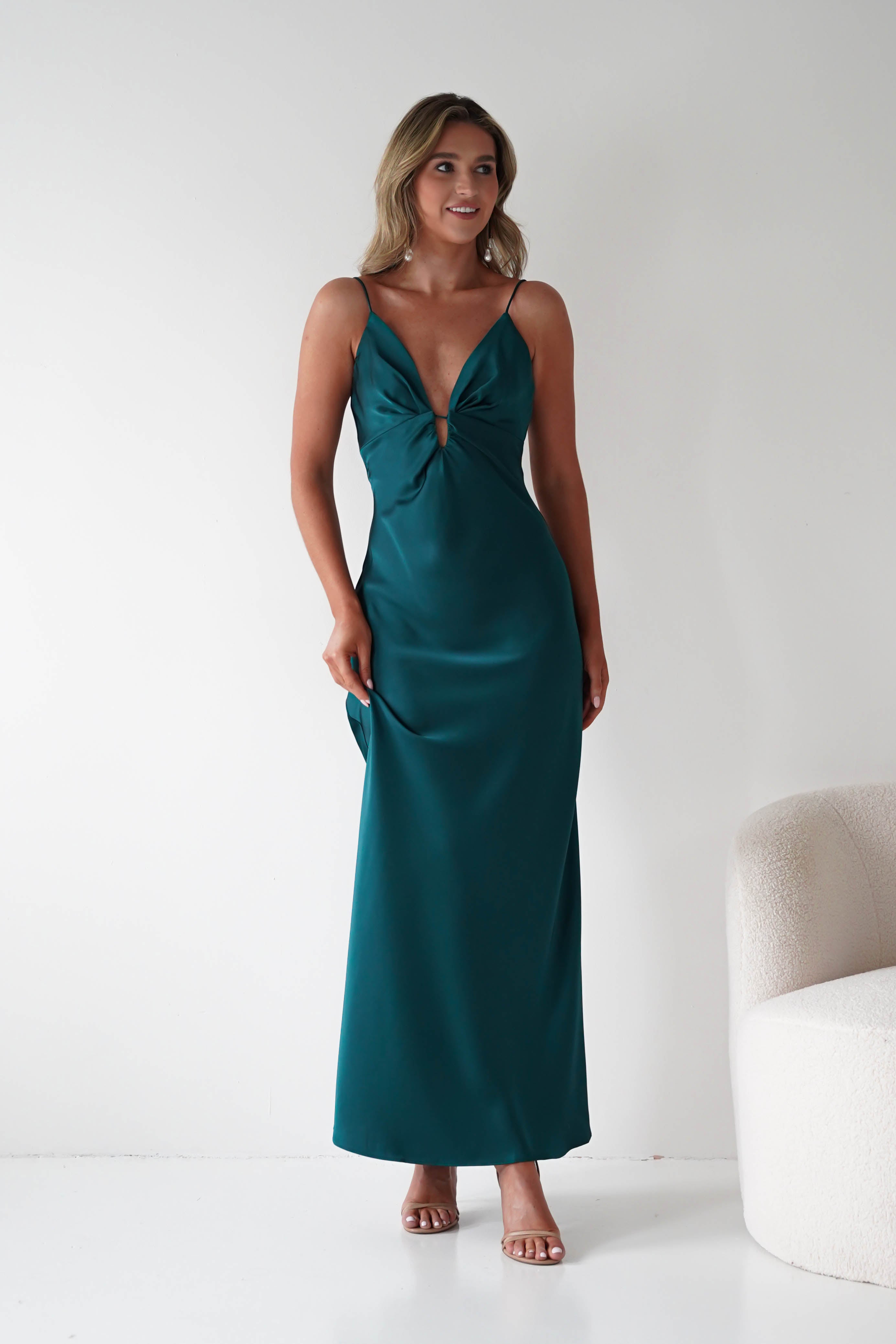 Oh Hello Clothing Dresses Adley Soft Satin Maxi Dress | Forest Green