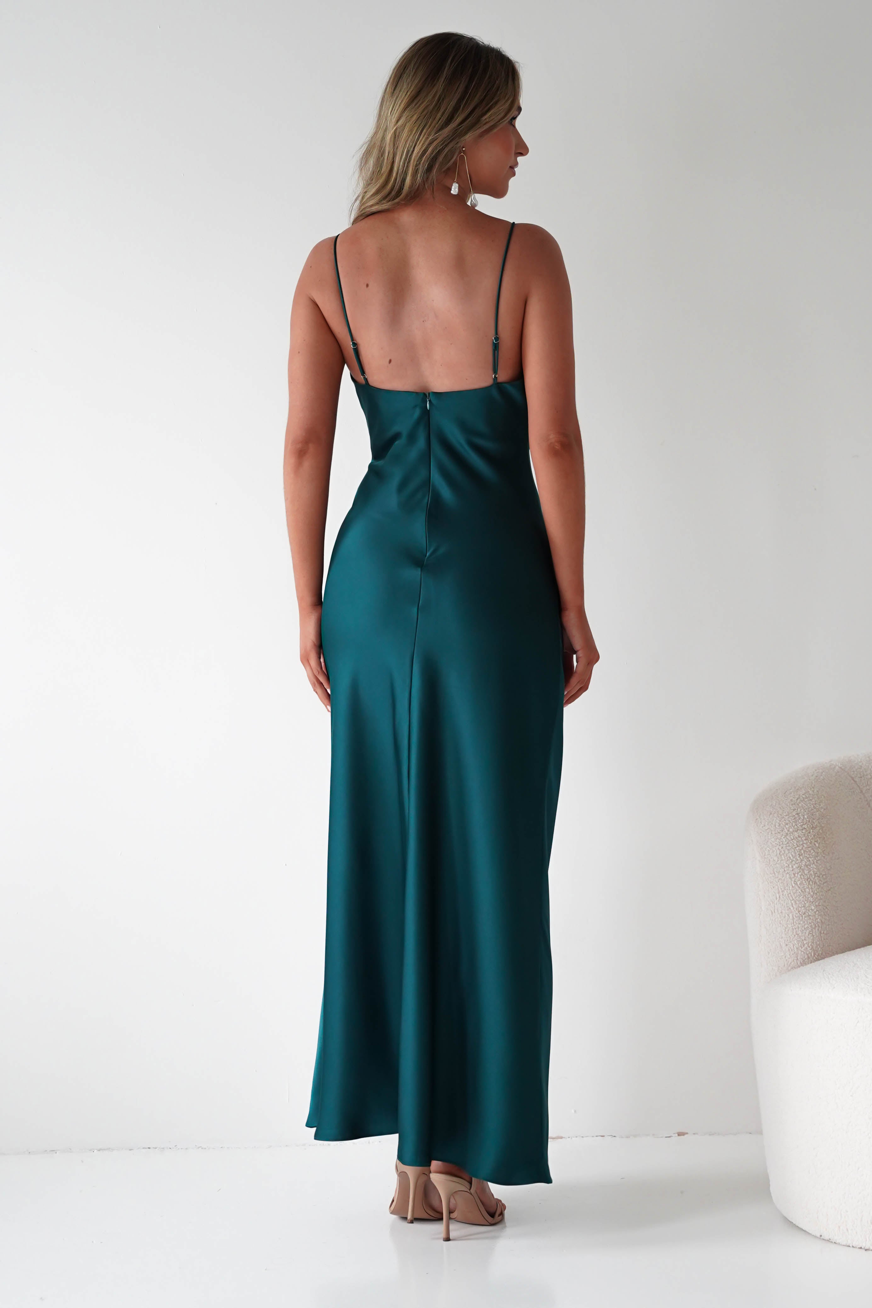 Oh Hello Clothing Dresses Adley Soft Satin Maxi Dress | Forest Green