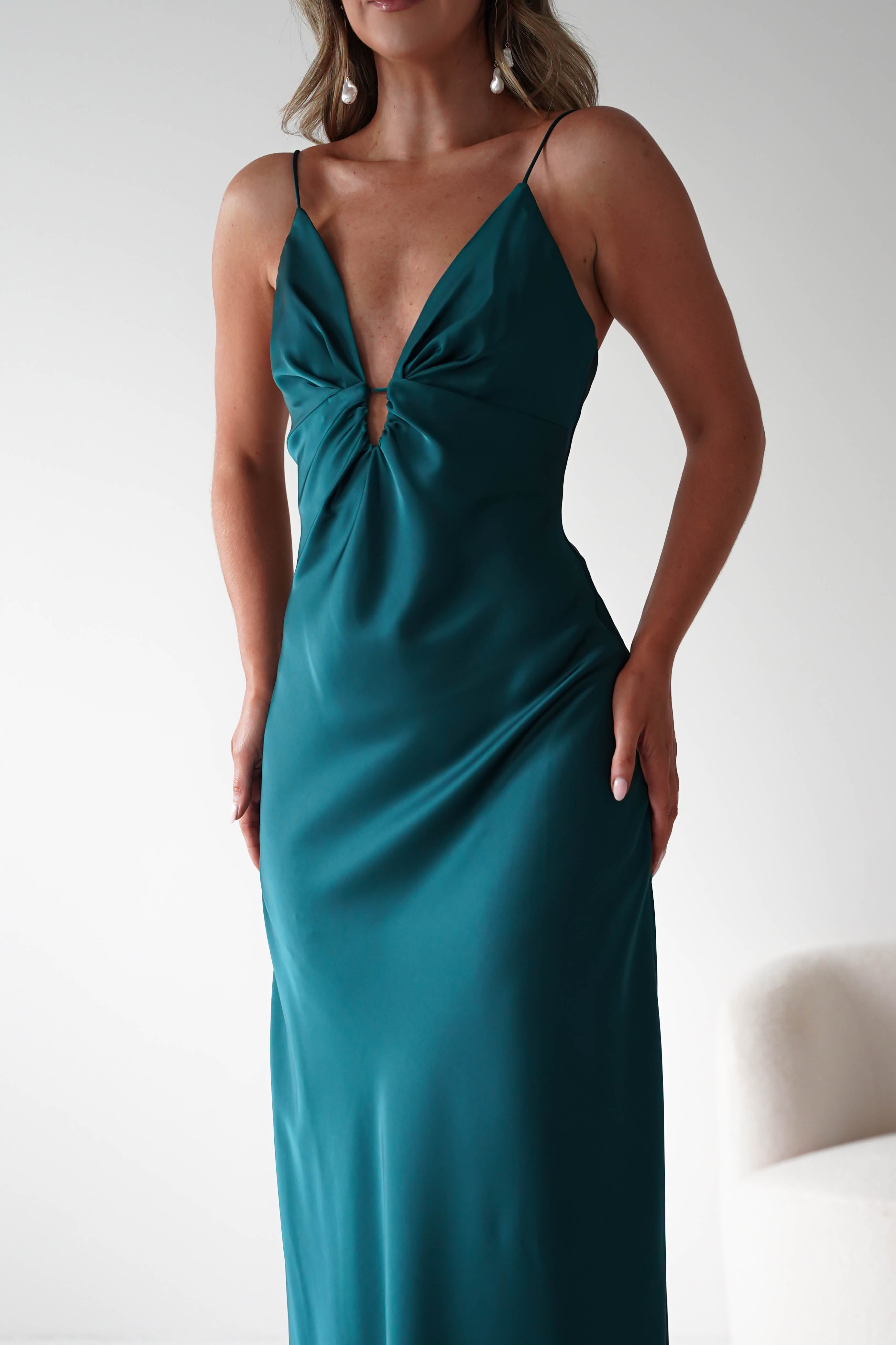 Oh Hello Clothing Dresses Adley Soft Satin Maxi Dress | Forest Green