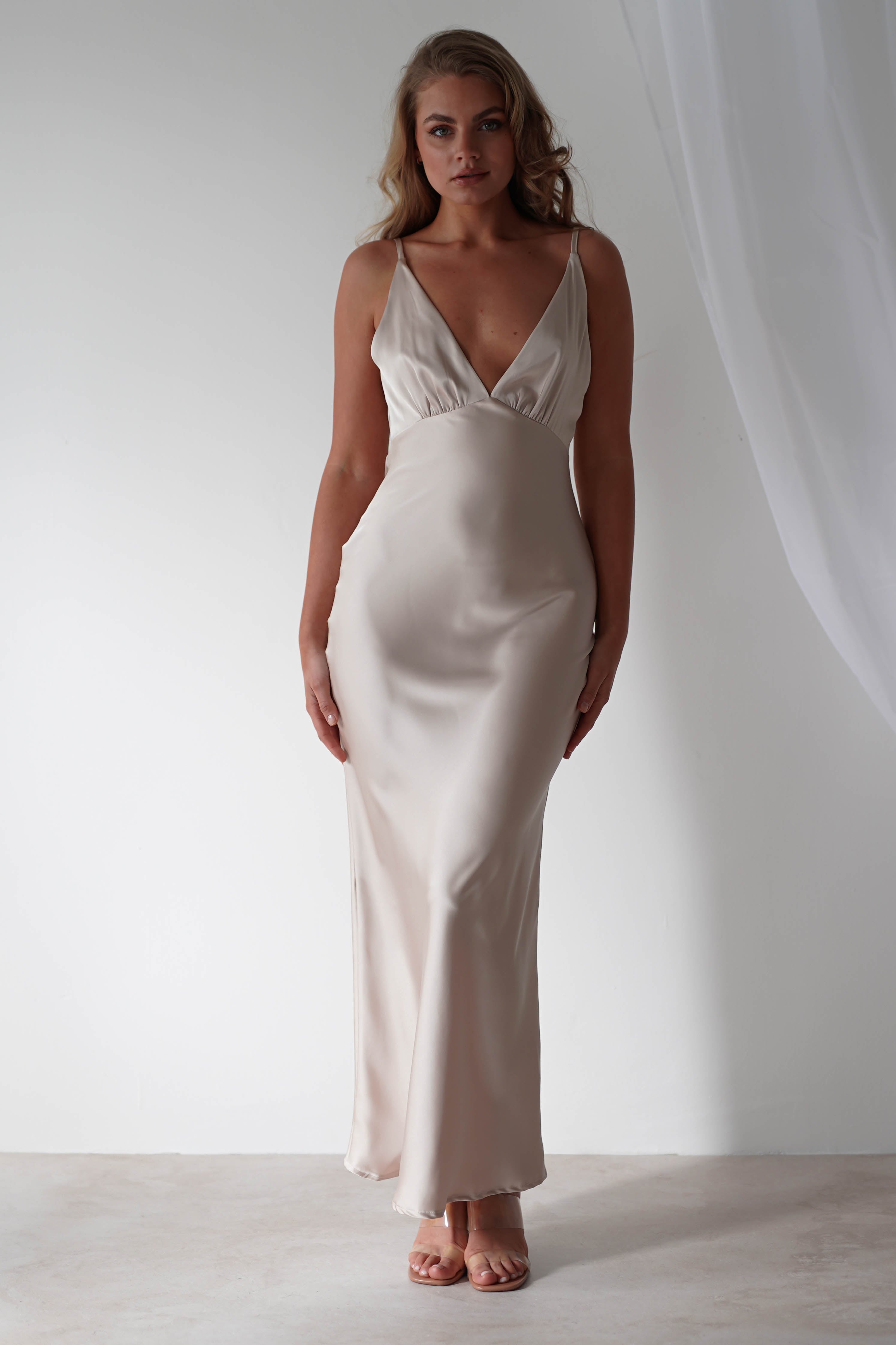 Aimie Soft Satin Maxi Dress | Champagne - Oh Hello Clothing
