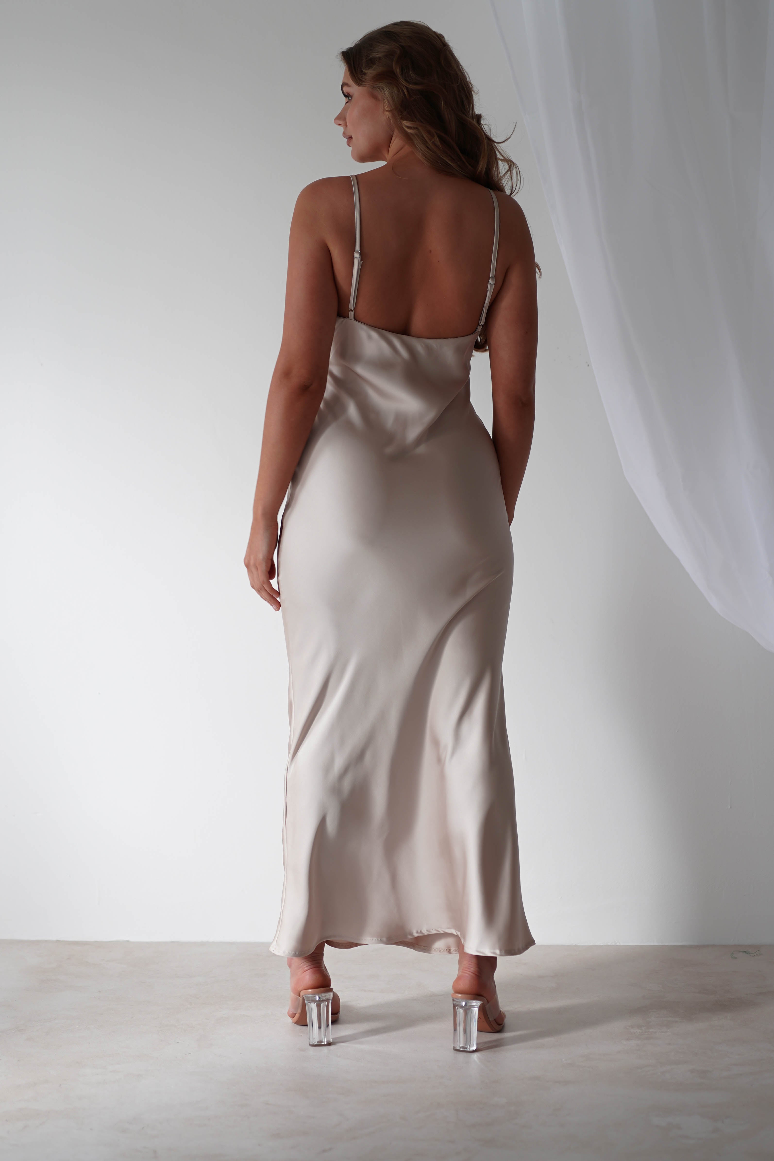 Aimie Soft Satin Maxi Dress | Champagne - Oh Hello Clothing