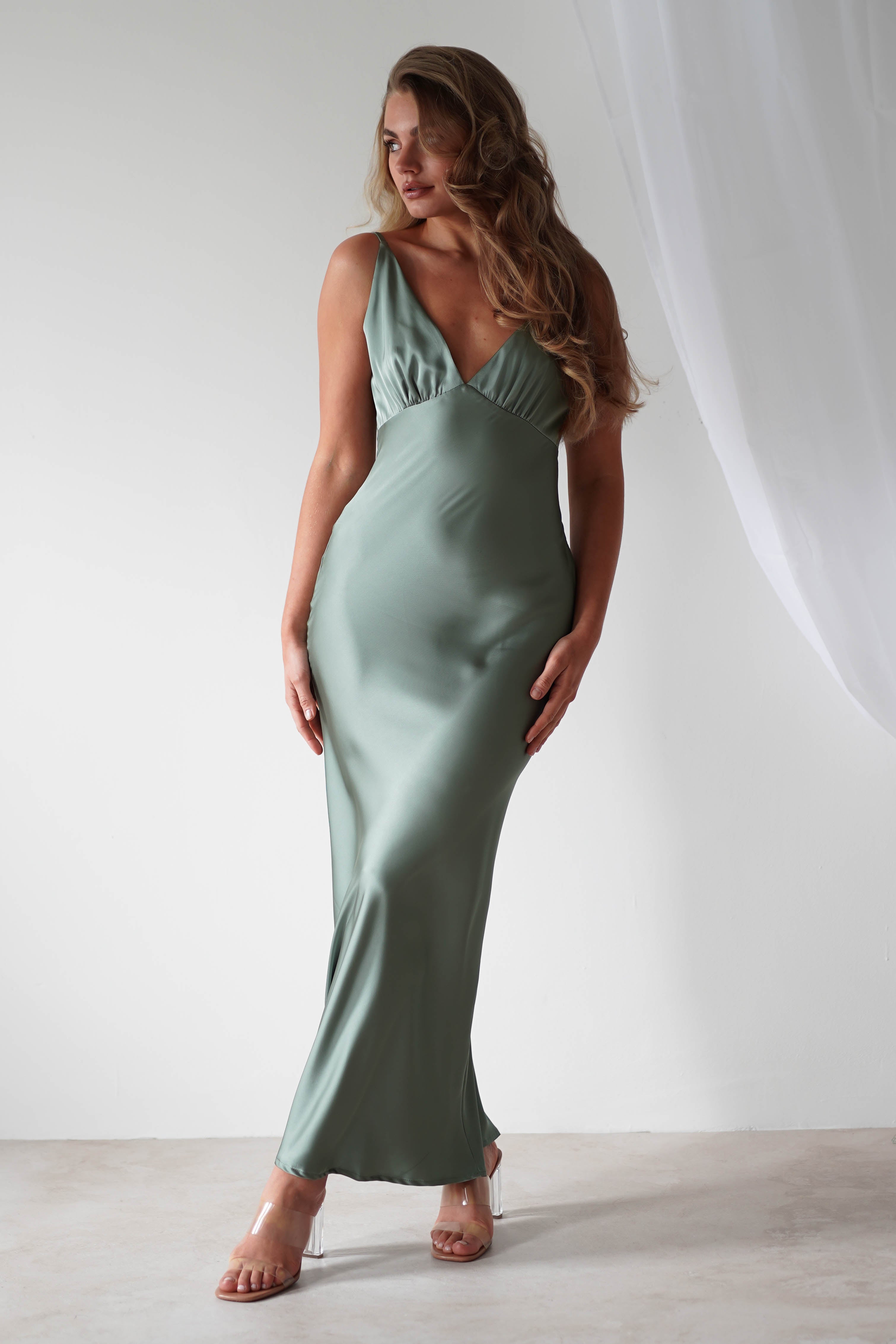 Aimie Soft Satin Maxi Dress | Olive