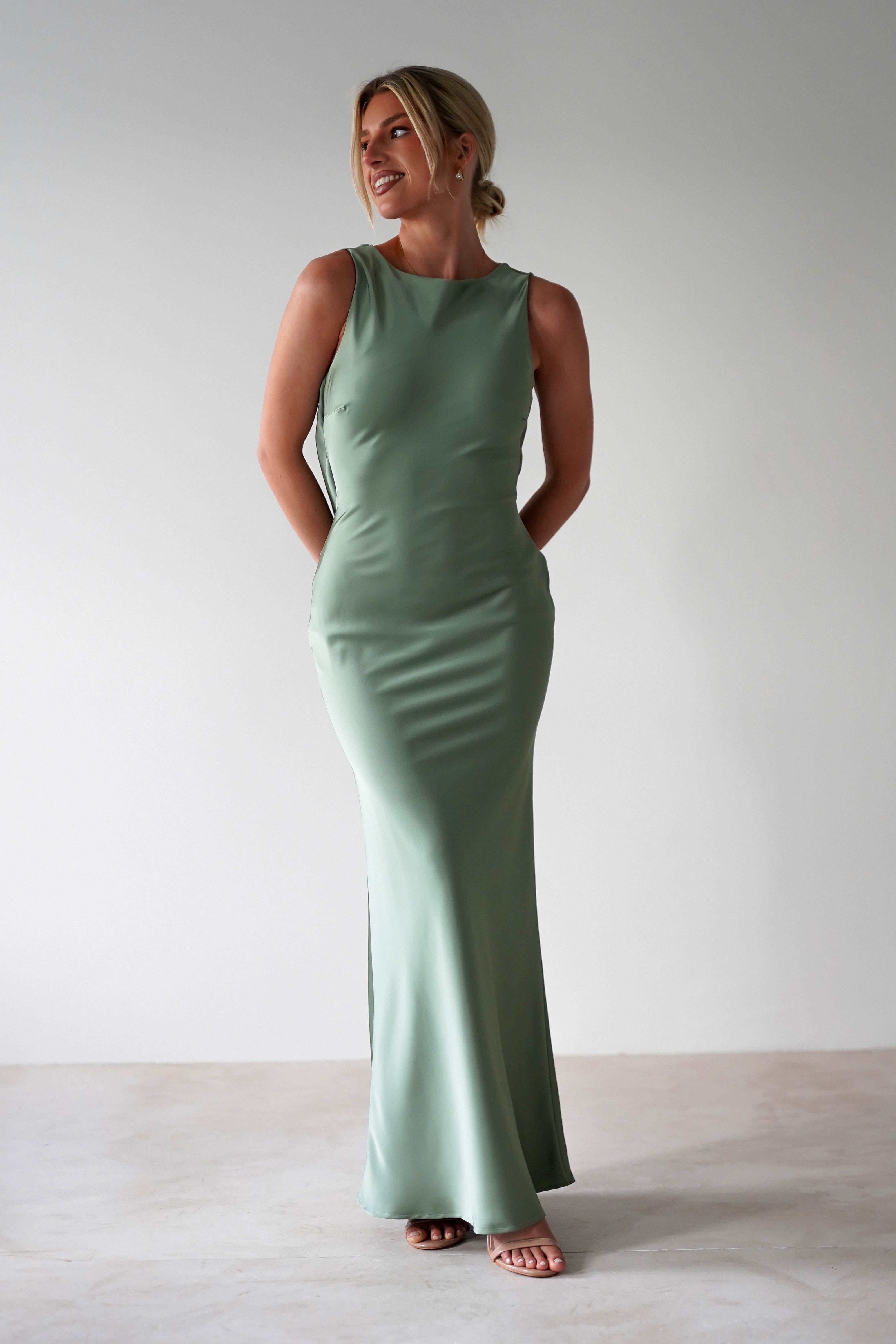 Alanna Soft Matte Satin Maxi Dress | Olive | Oh Hello Clothing | XS (6)