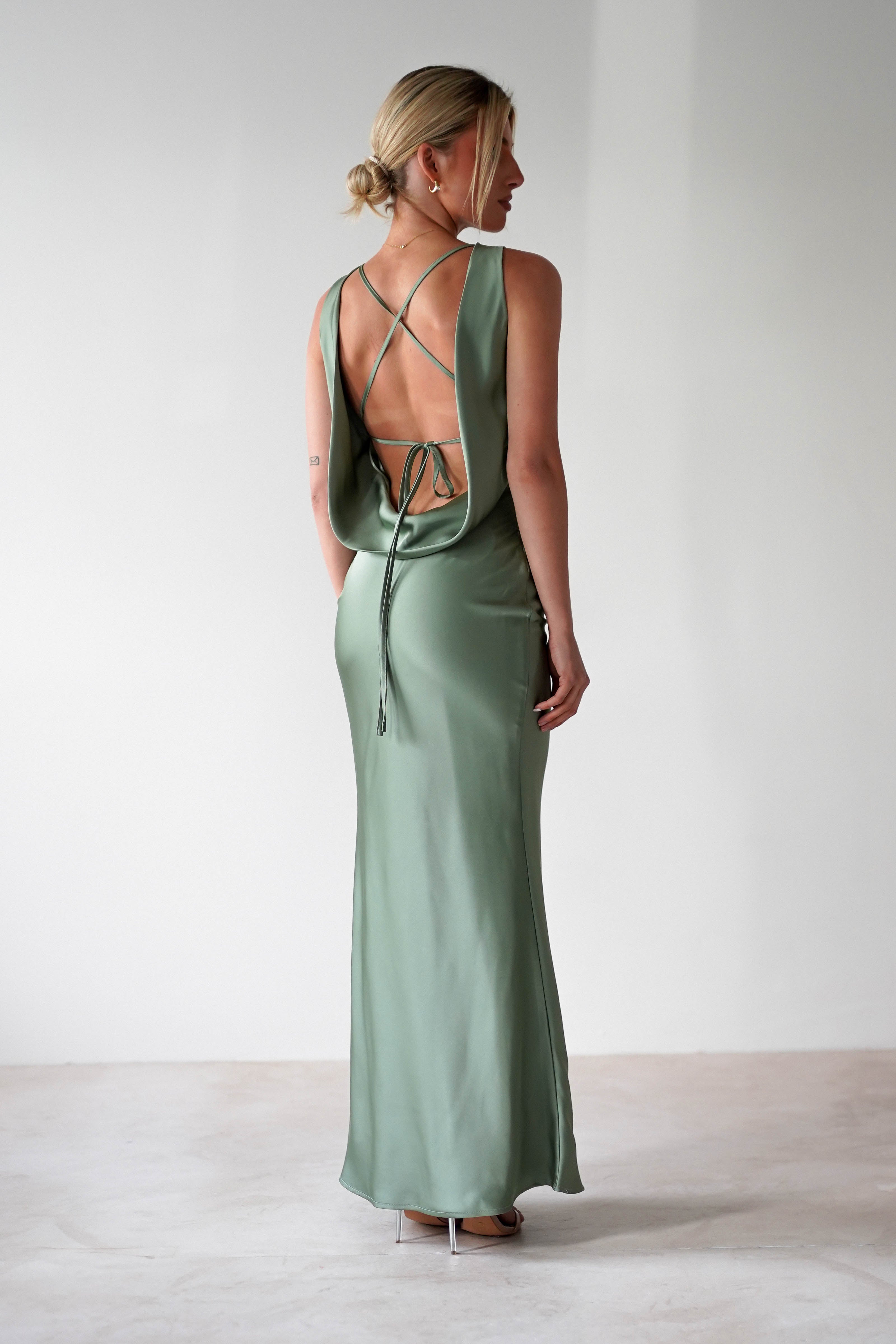Alanna Soft Matte Satin Maxi Dress | Olive | Oh Hello Clothing | XS (6)