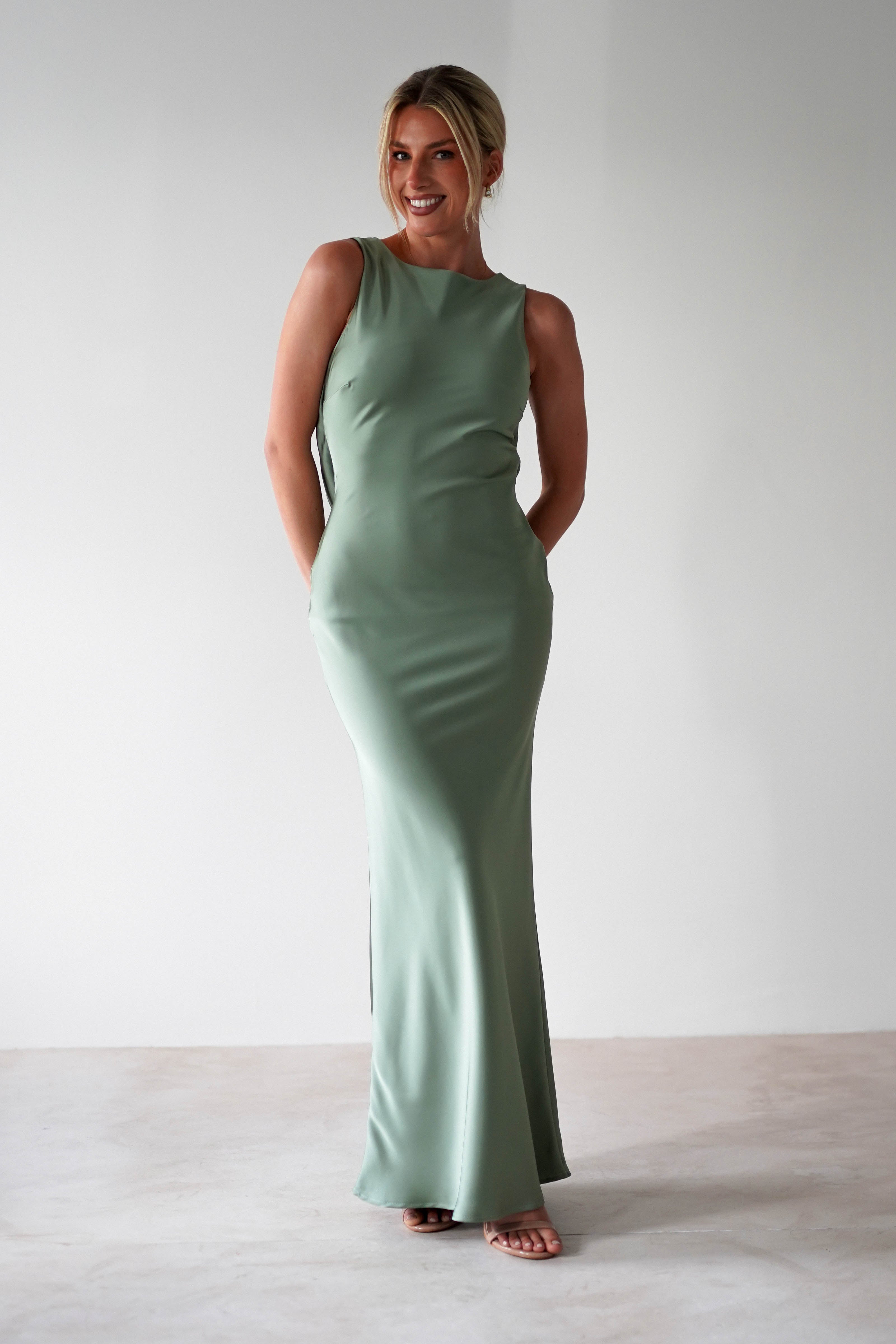 Alanna Soft Matte Satin Maxi Dress | Olive | Oh Hello Clothing | XS (6)