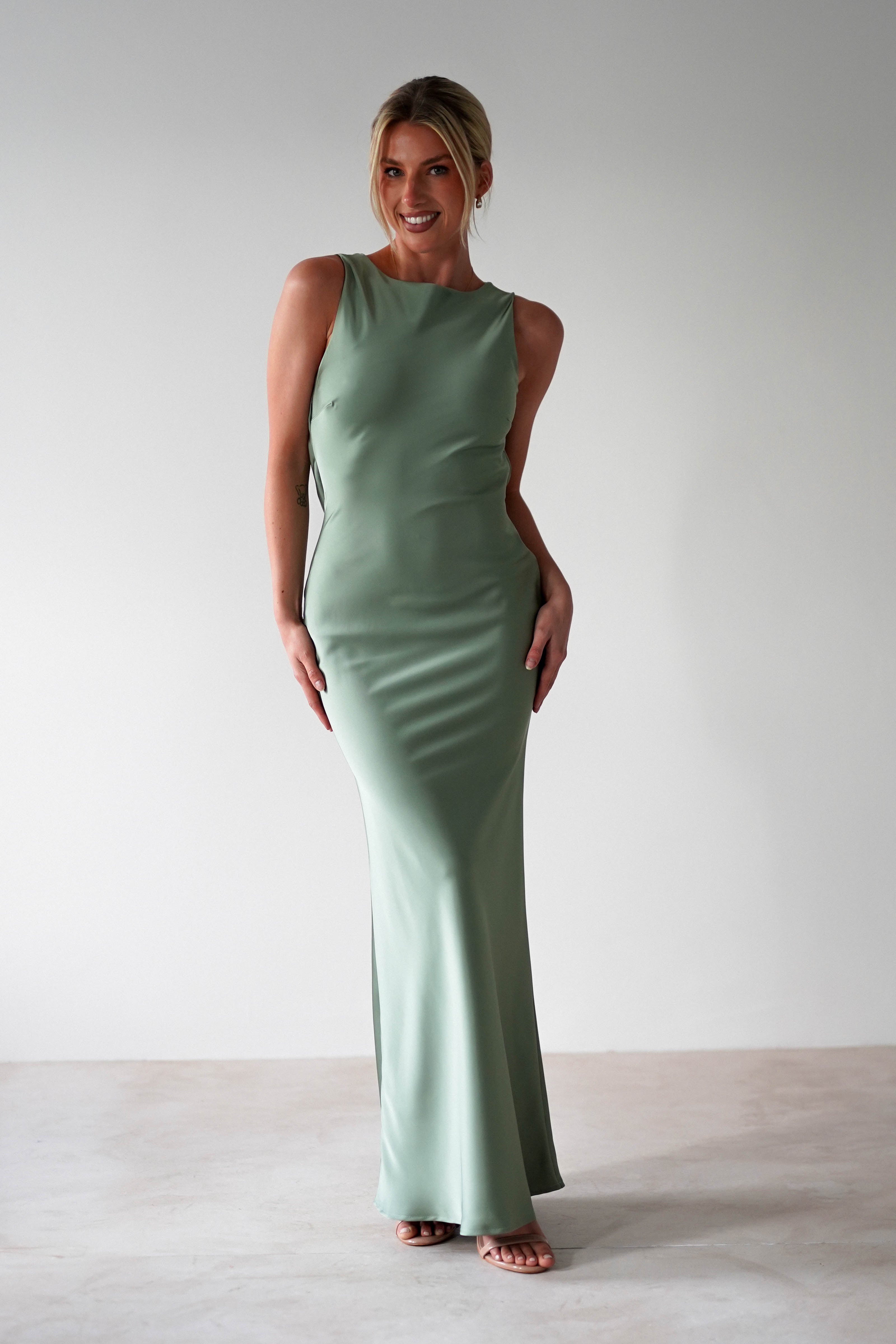 Alanna Soft Matte Satin Maxi Dress | Olive | Oh Hello Clothing | XS (6)