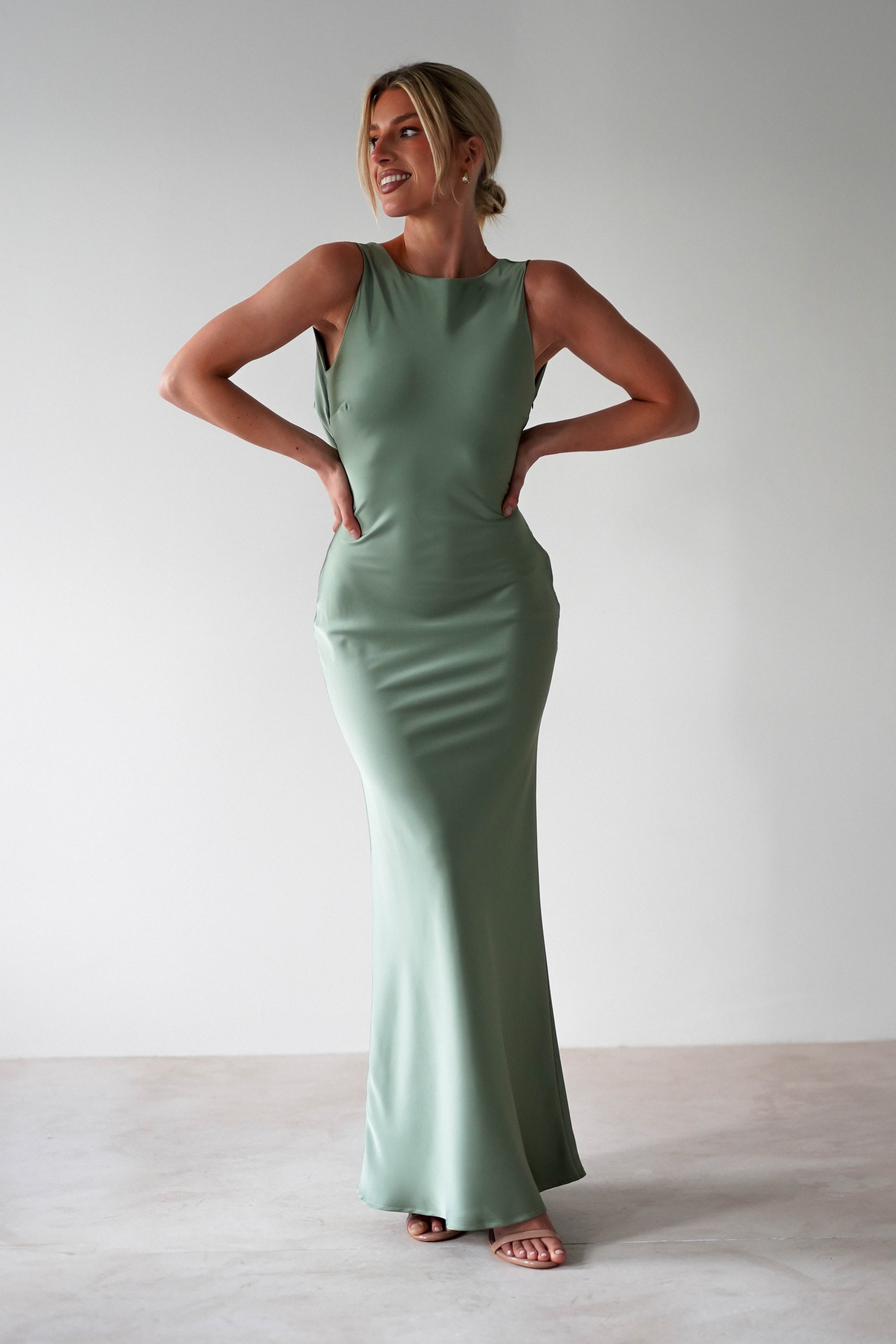 Alanna Soft Matte Satin Maxi Dress | Olive | Oh Hello Clothing | XS (6)