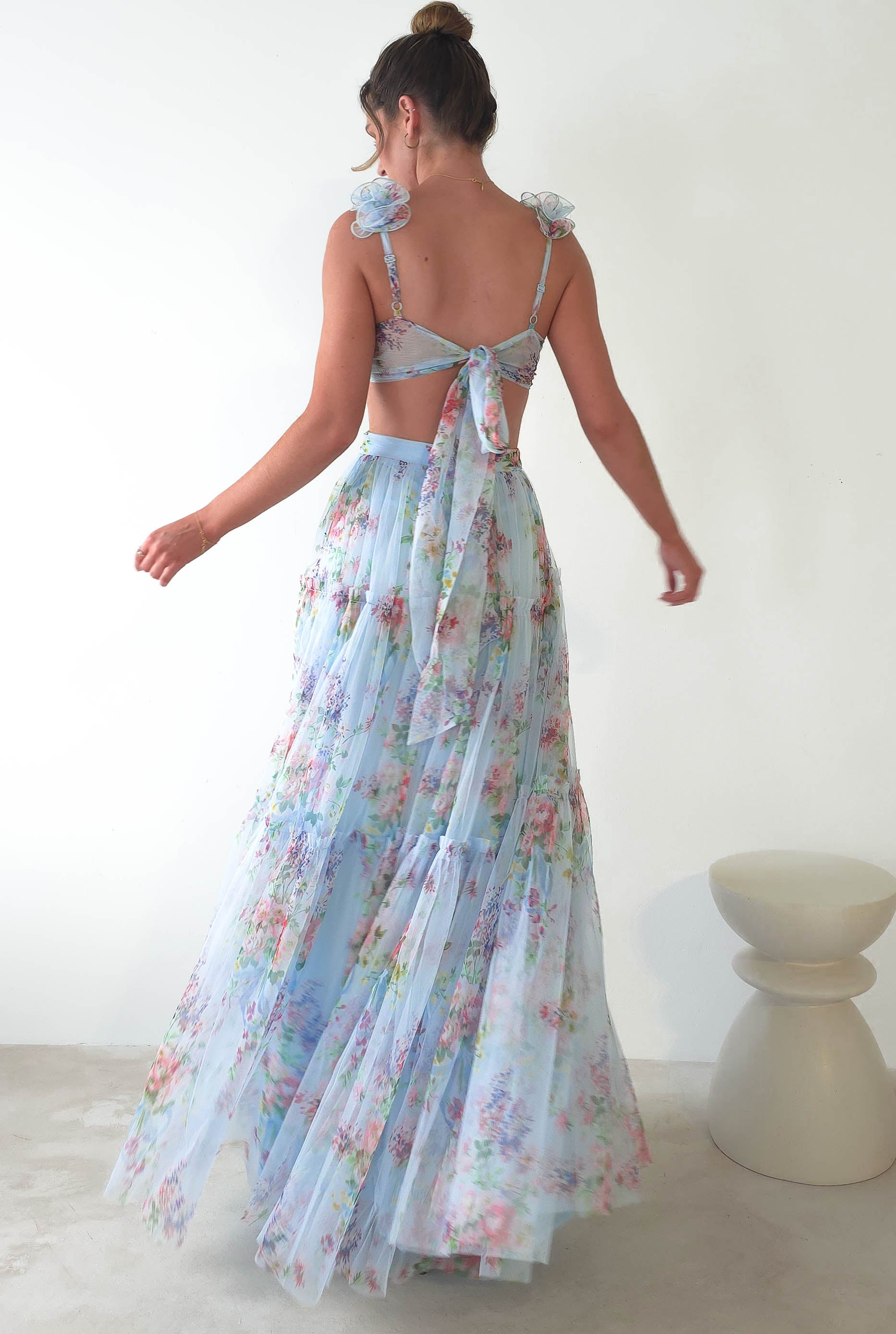 Alma Floral Print Tulle Maxi Dress Blue