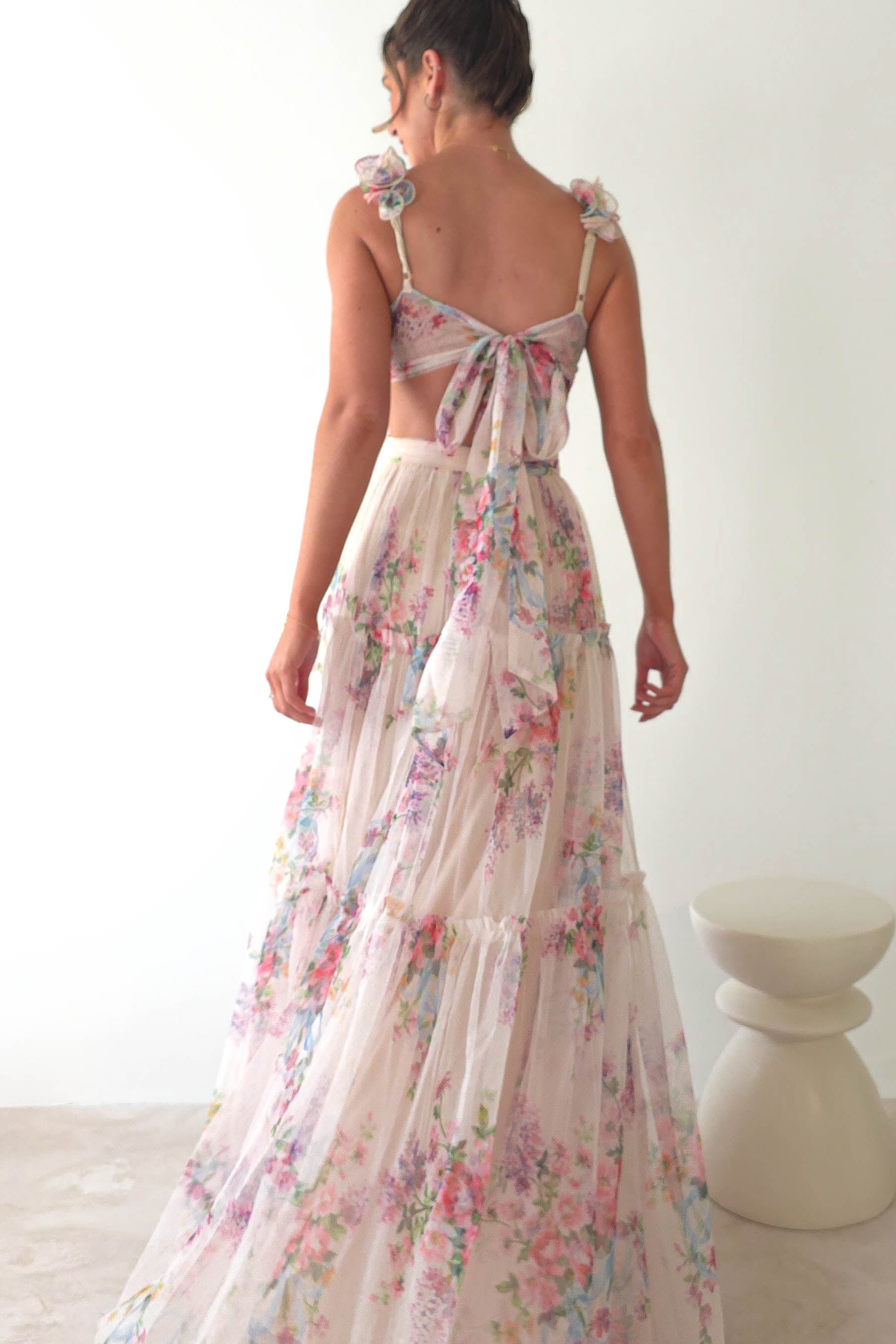 Alma Floral Print Tulle Maxi Dress | Cream