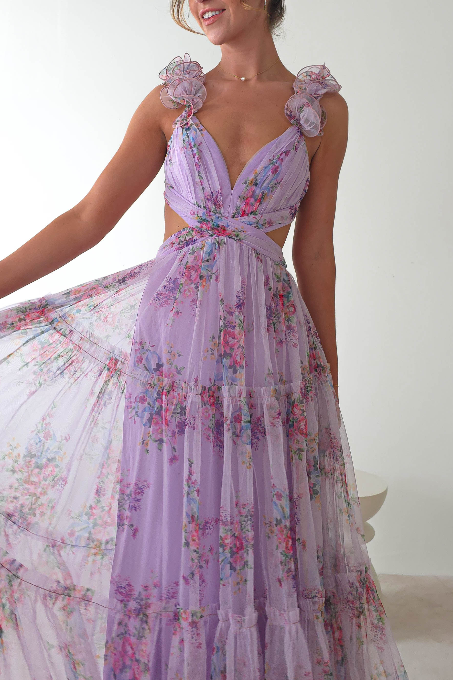 Alma Floral Print Tulle Maxi Dress | Lilac
