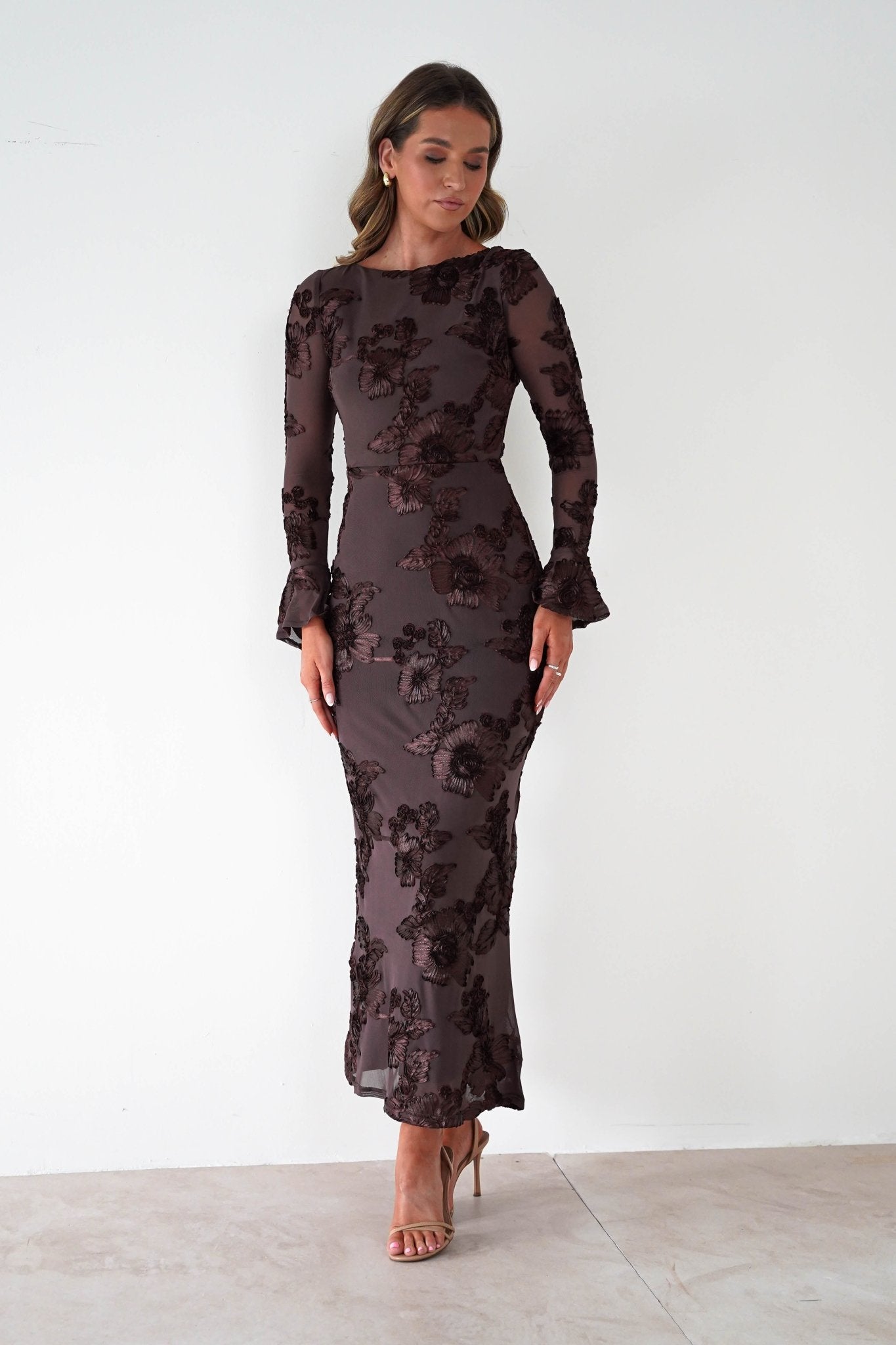 Amelita Long Sleeve Textured Maxi Dress | Brown | Oh Hello Clothing | XS (6)