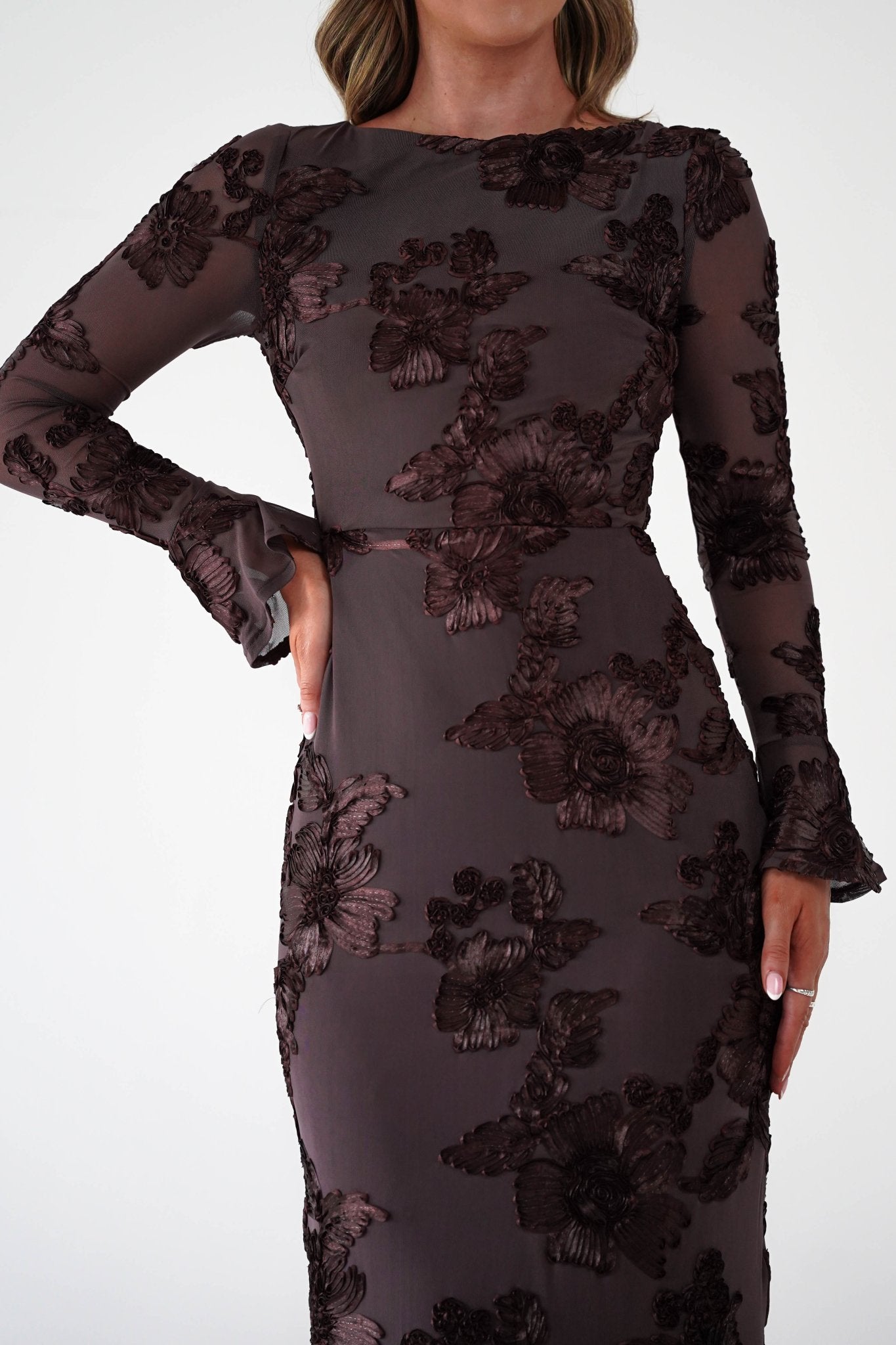 Amelita Long Sleeve Textured Maxi Dress | Brown | Oh Hello Clothing | XS (6)