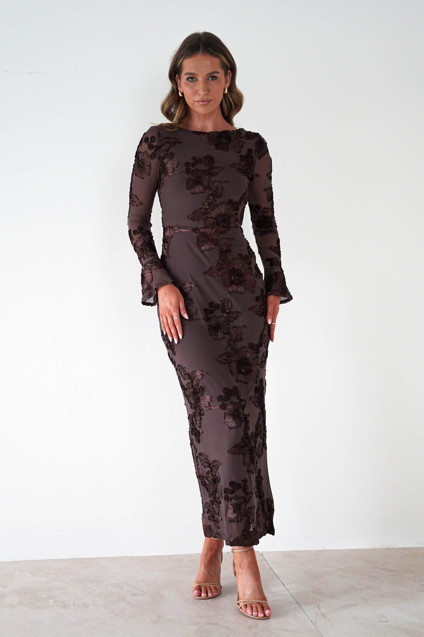 Amelita Long Sleeve Textured Maxi Dress | Brown | Oh Hello Clothing | XS (6)