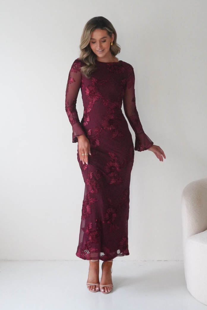 wine long sleeve dress Amelita Textured Maxi | Wine| Wedding Guest Dress | Long Sleeve Pattern format:PDF (16 - 34) toreview Glitter design Love On The Cards