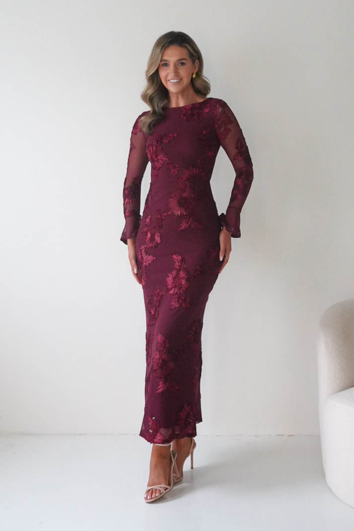 Oh Hello Clothing Dresses Amelita Long Sleeve Textured Maxi Dress | Wine