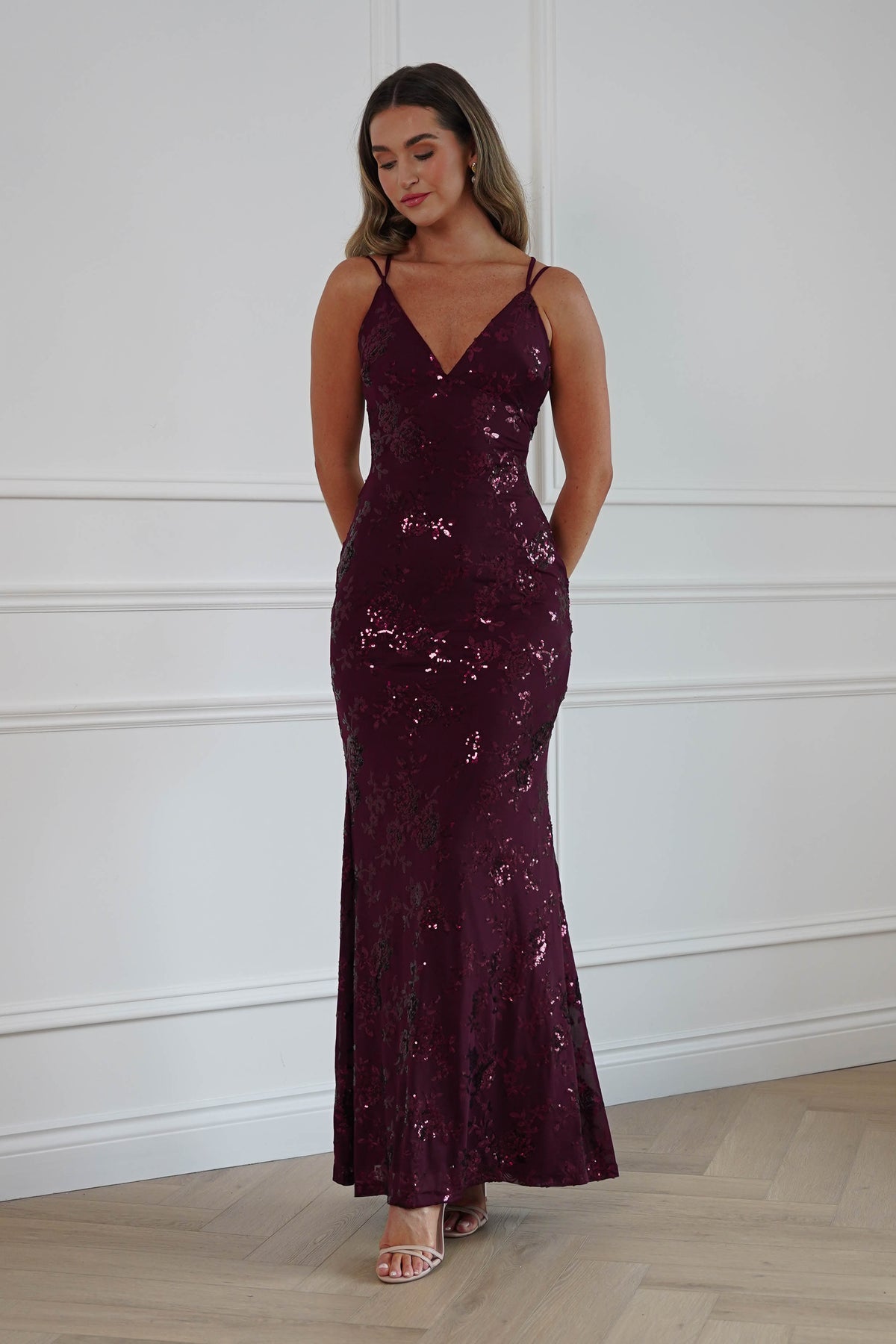 Oh Hello Clothing Dresses > Prom Dresses Andria Floral Sequin Maxi Gown | Wine