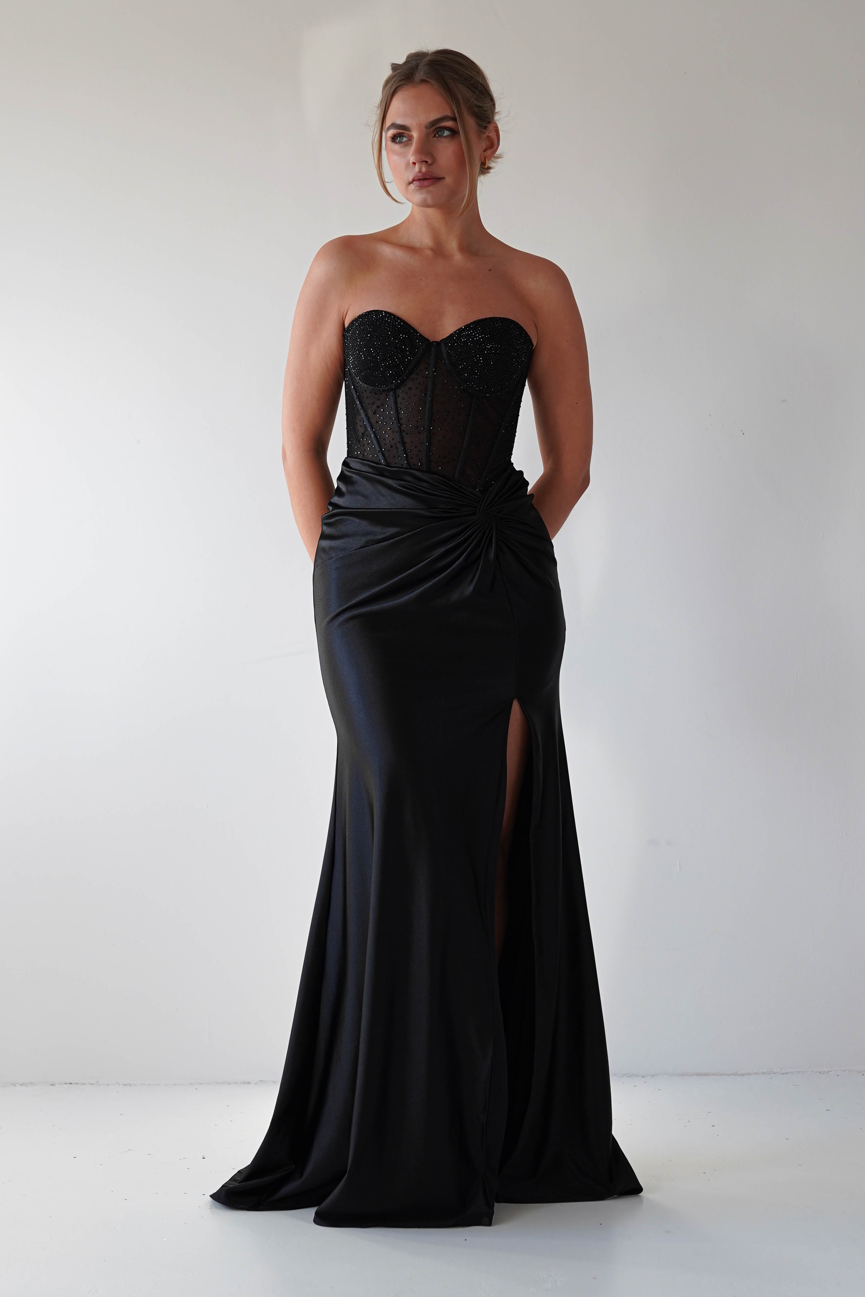 Andrina Rhinestone Strapless Gown | Black | Oh Hello Clothing | XS (6)