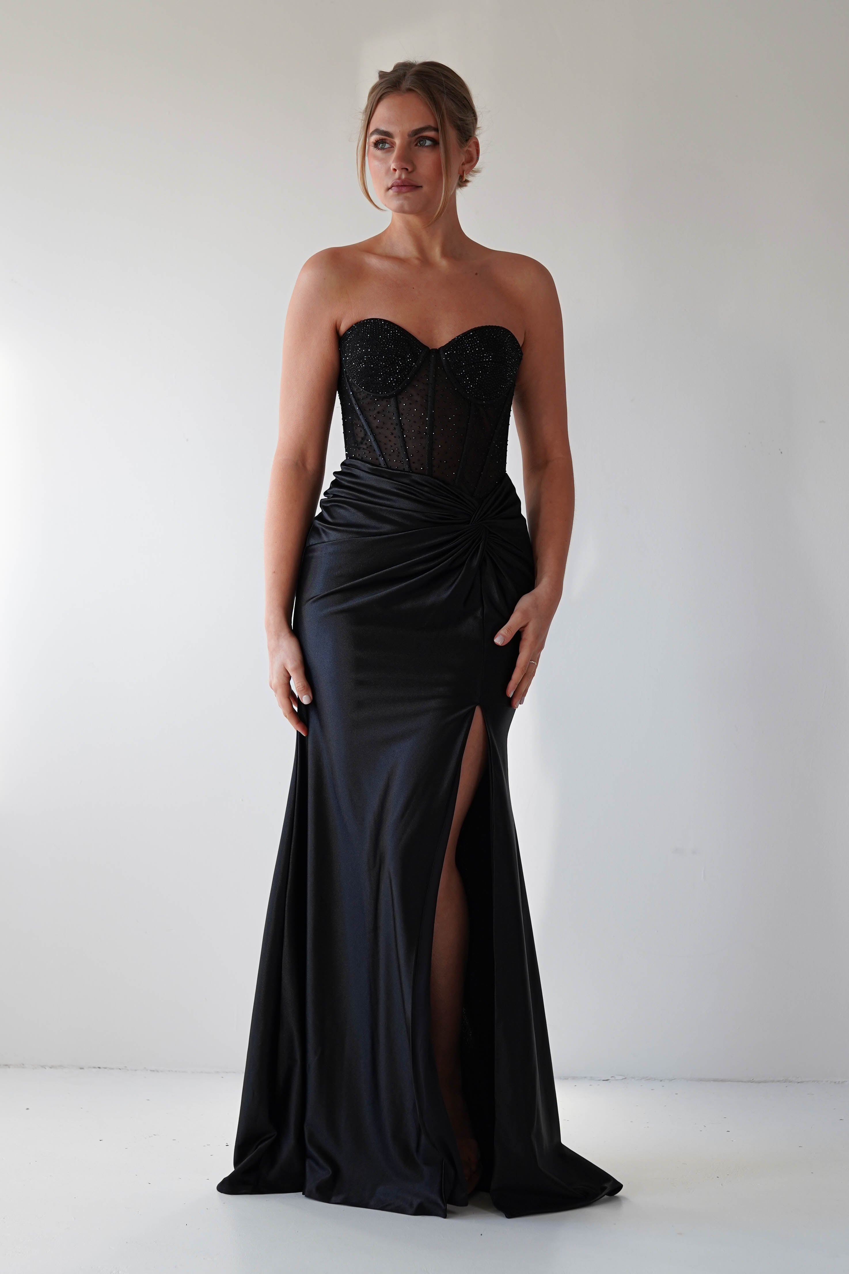 Andrina Rhinestone Strapless Gown | Black | Oh Hello Clothing | XS (6)