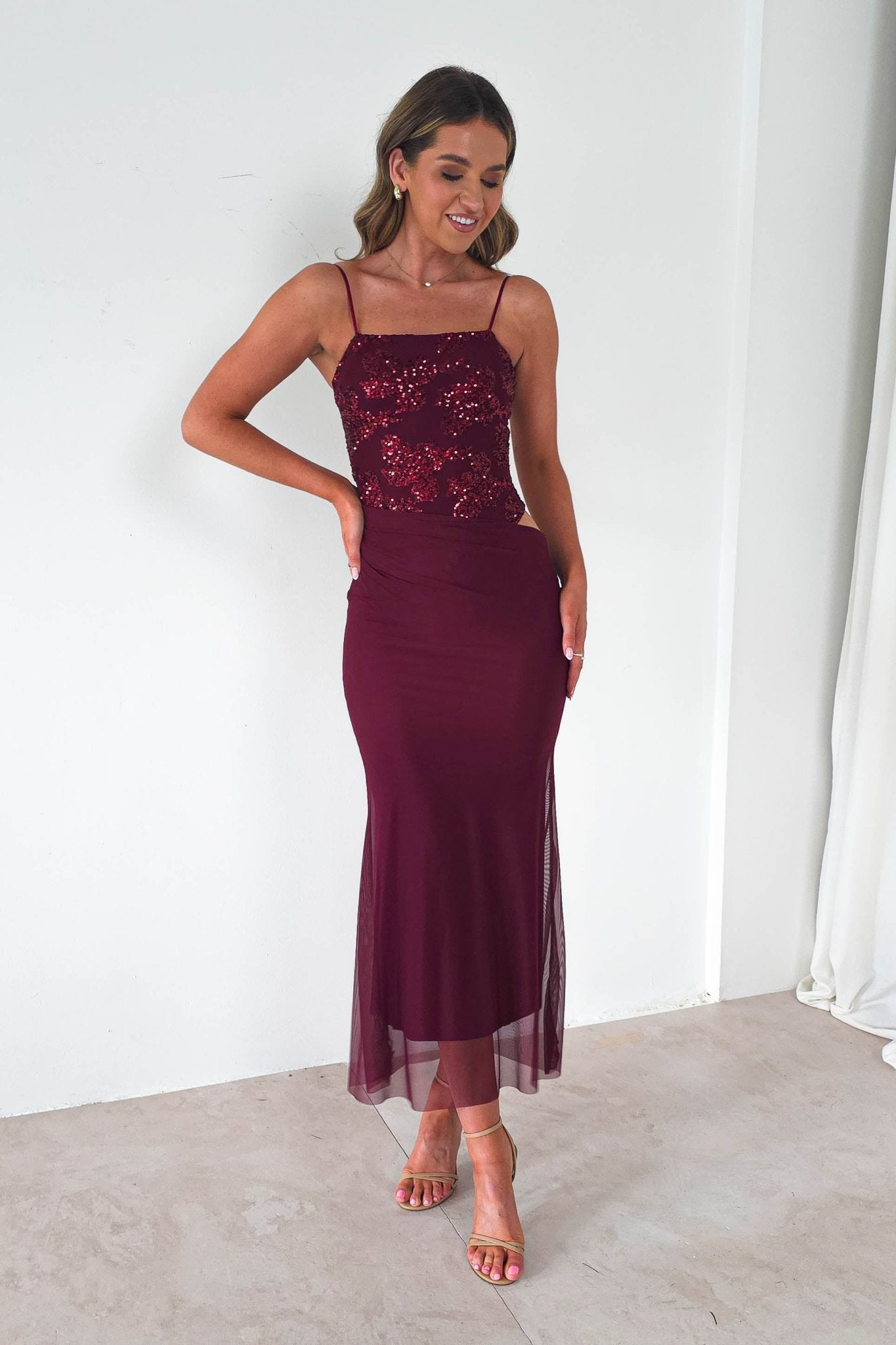 Angela Sequin Mesh Maxi Dress | Wine | Oh Hello Clothing | S/M (8 - 10)