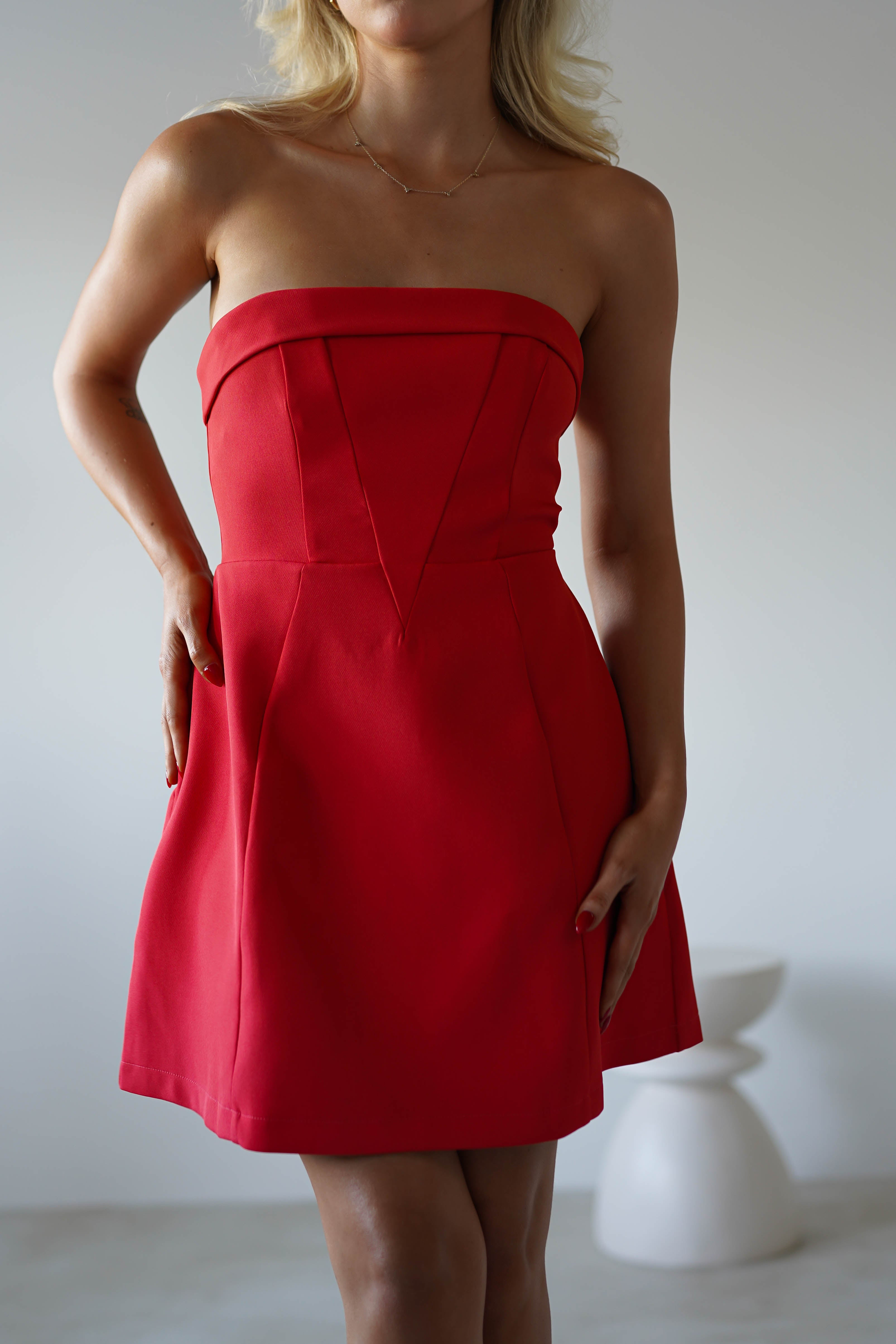 Angelica Strapless Structured Mini Dress | Red | Oh Hello Clothing | XS (6)