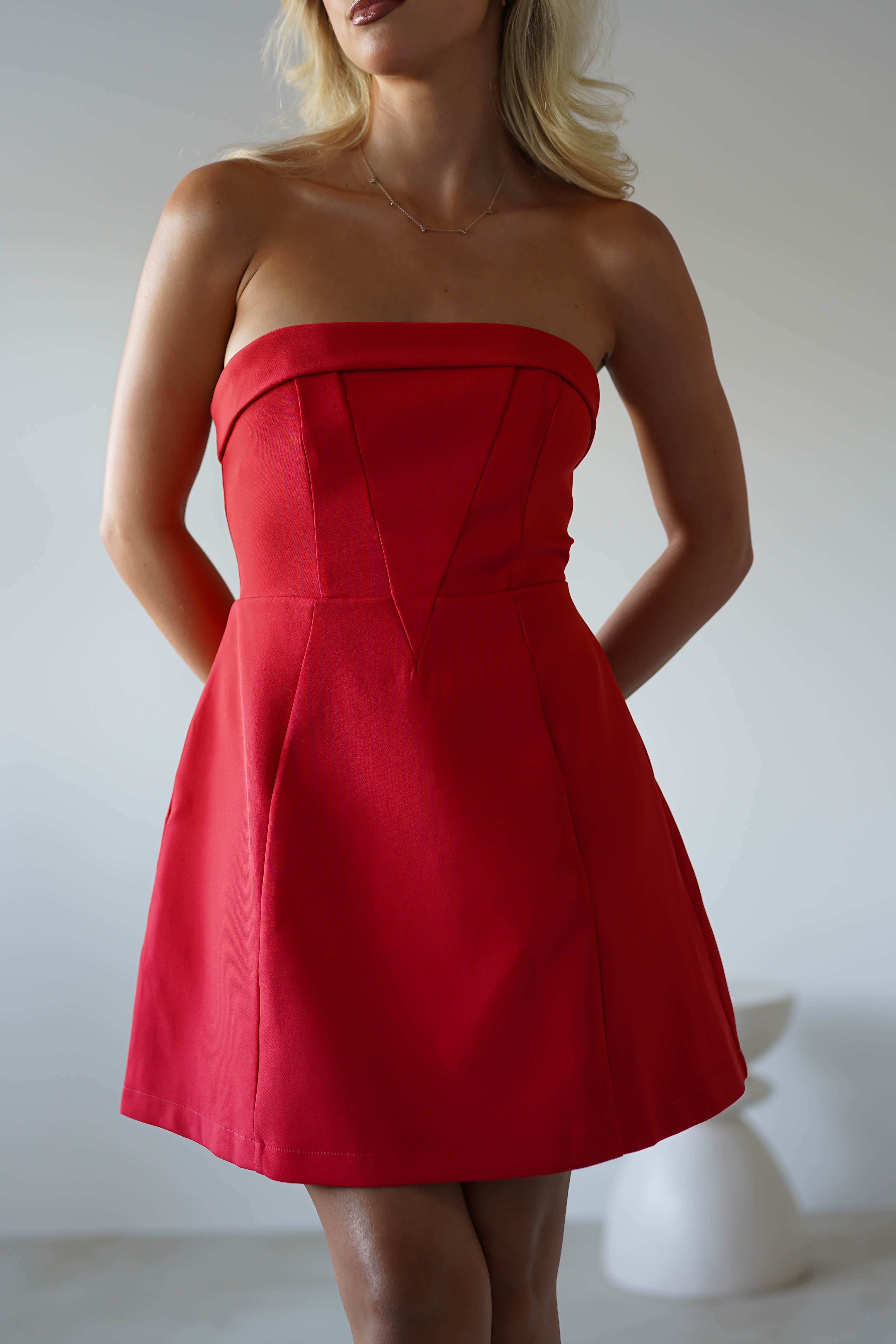 Angelica Strapless Structured Mini Dress | Red | Oh Hello Clothing | XS (6)