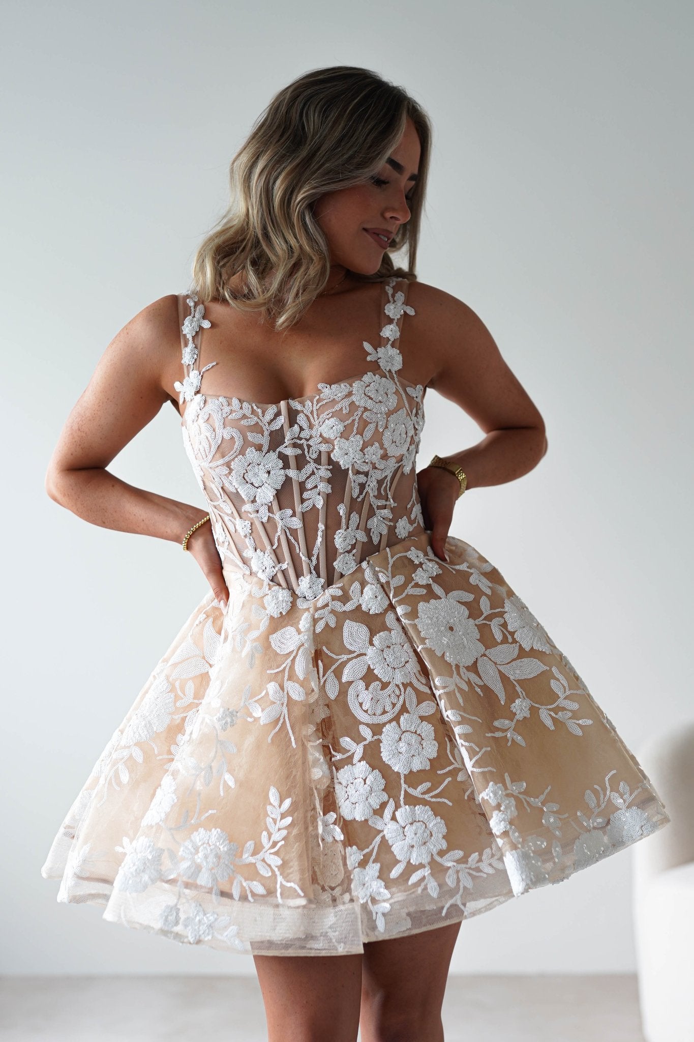 Anziel Mini Skater Dress Floral Embroidery | Nude | Oh Hello Clothing | XS (6)