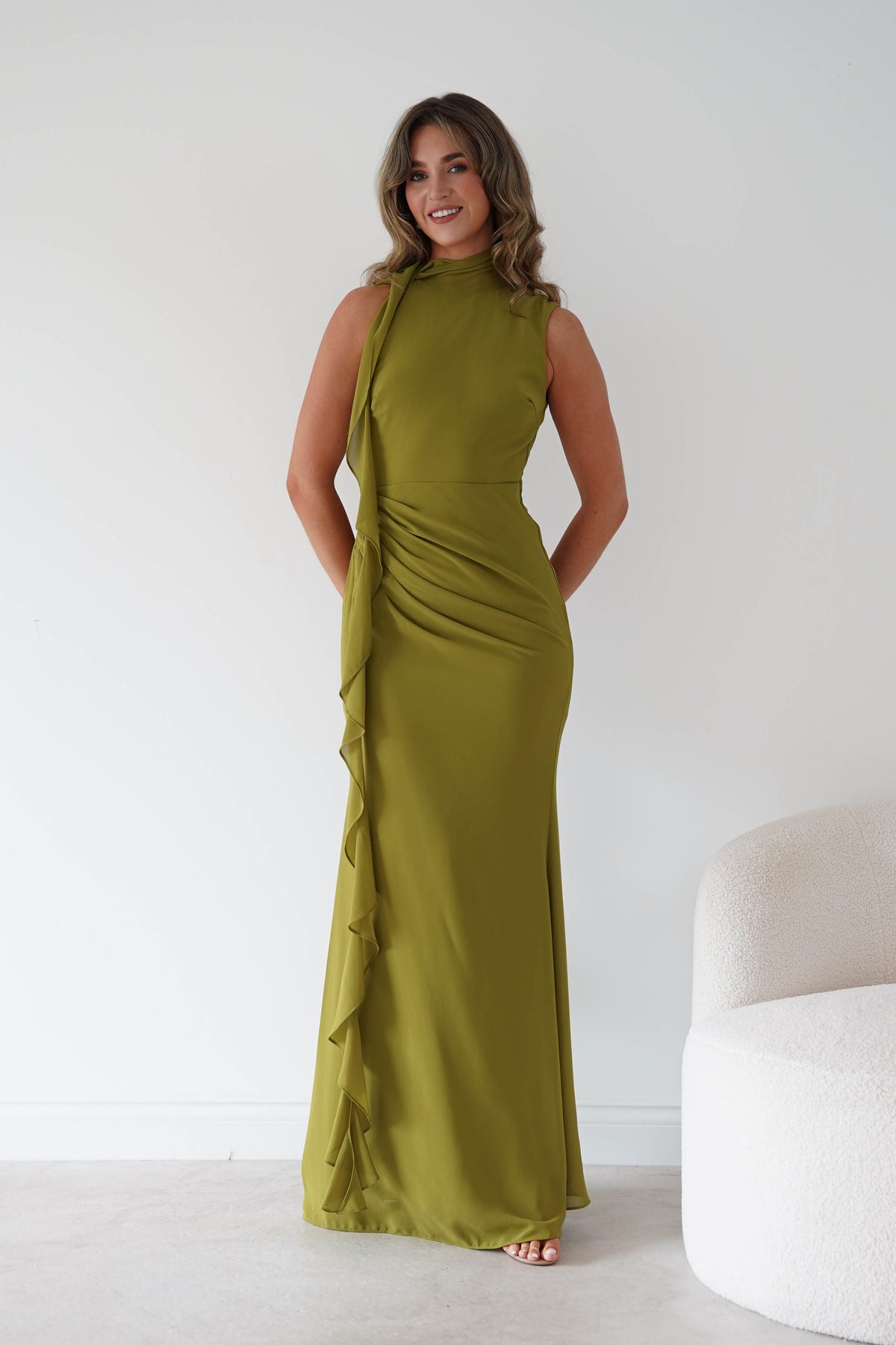 Oh Hello Clothing Women > Clothing > Dresses Aoife Draped Rosette Maxi Dress | Chartreuse Green