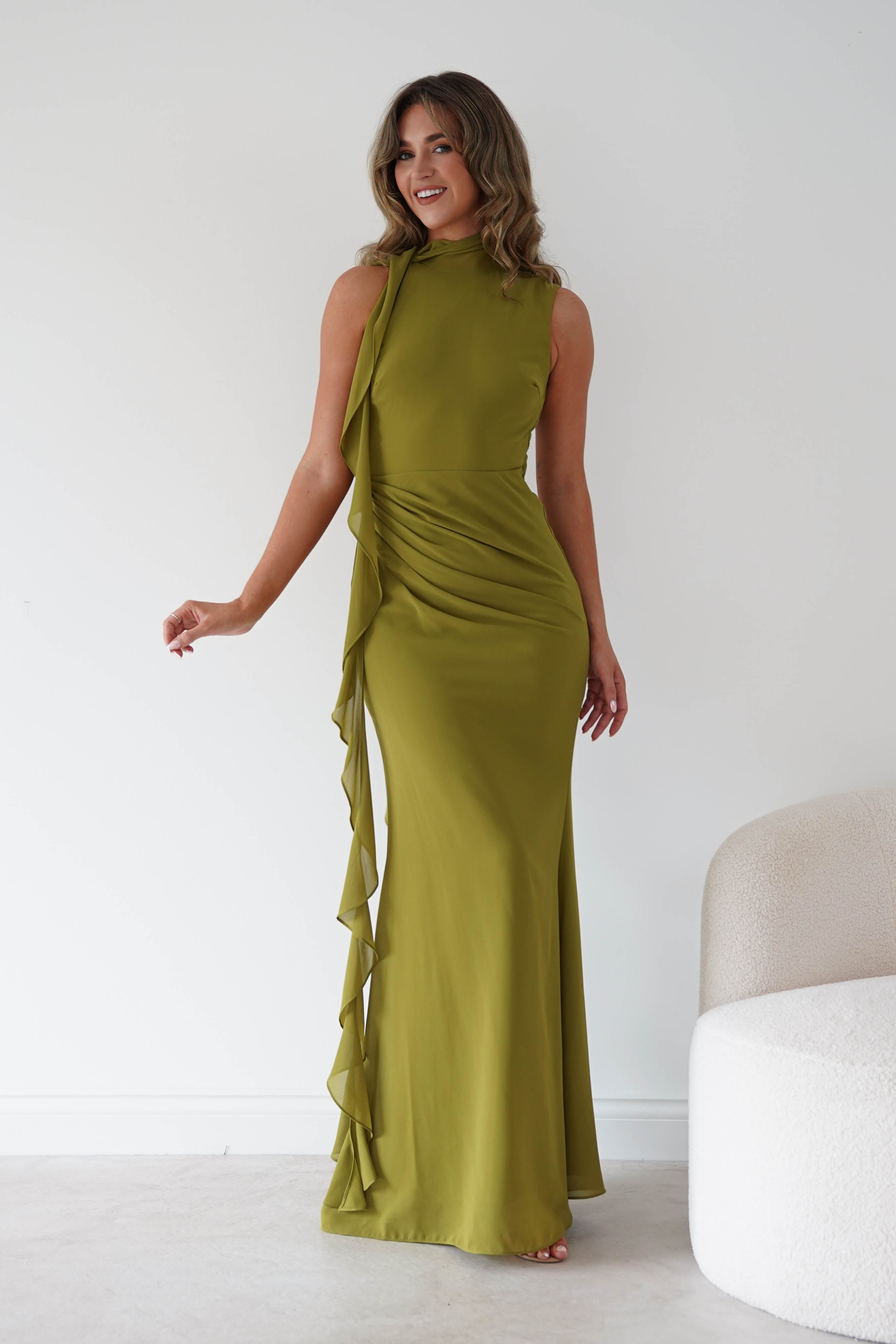 Oh Hello Clothing Women > Clothing > Dresses Aoife Draped Rosette Maxi Dress | Chartreuse Green