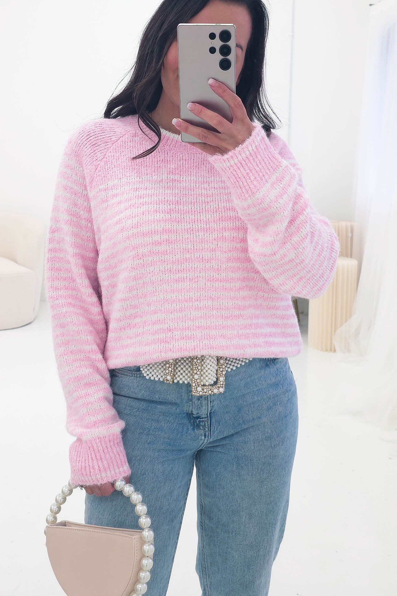 Oh Hello Clothing Women > Clothing > Knitwear ONE SIZE (6/12) Aria Striped Cosy Knit Jumper | Pink