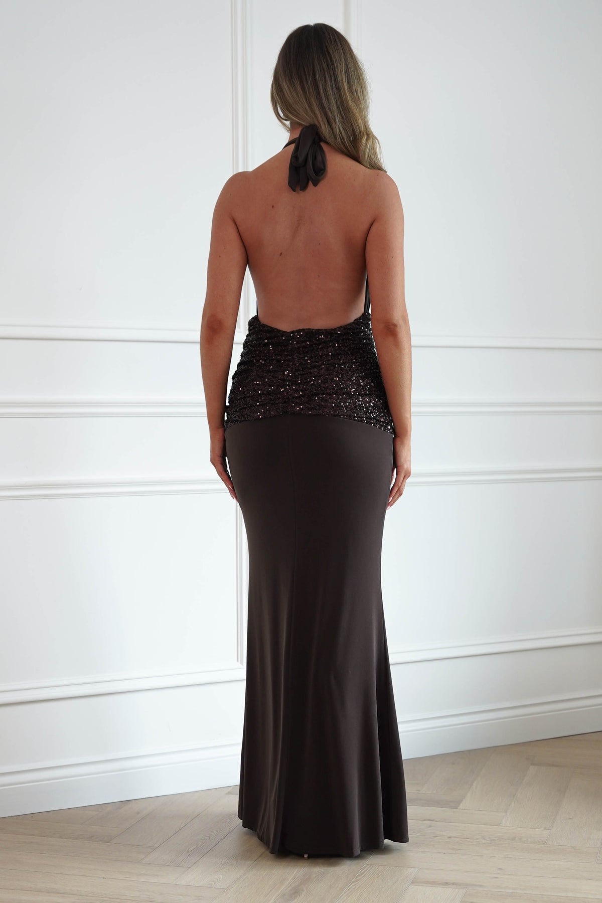 Oh Hello Clothing Women > Clothing > Dresses Aribella Plunge Halternect Sequin Maxi Dress | Brown
