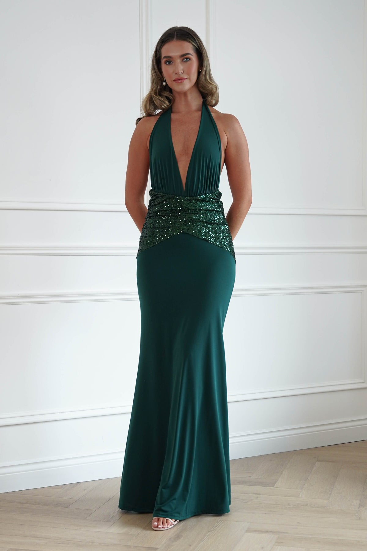 Oh Hello Clothing Women > Clothing > Dresses Aribella Plunge Halternect Sequin Maxi Dress | Green
