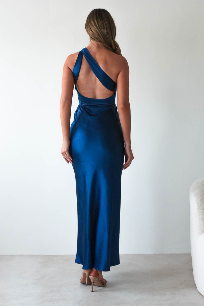 Ashlee Soft Satin One Shoulder Maxi Dress | Navy