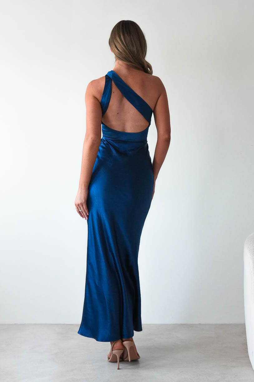Ashlee Soft Satin One Shoulder Maxi Dress | Navy