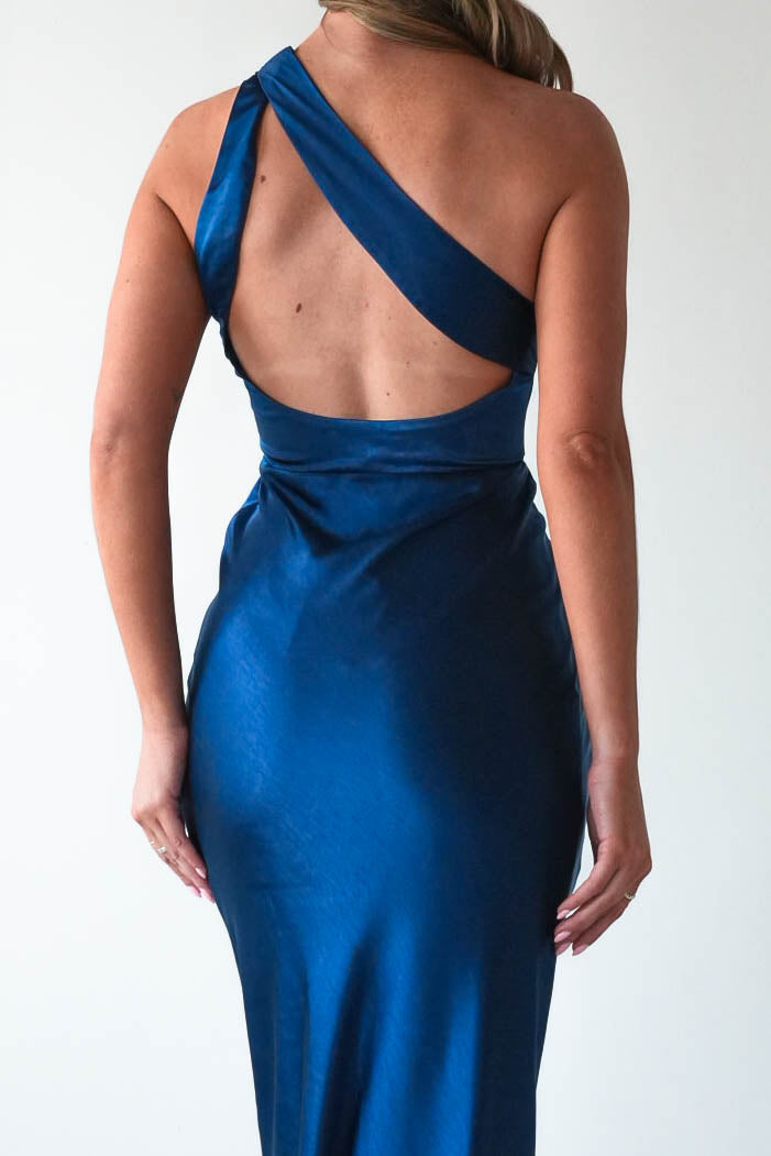 Ashlee Soft Satin One Shoulder Maxi Dress | Navy