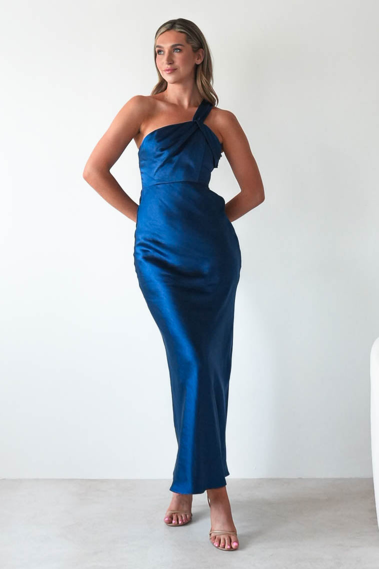 Ashlee Soft Satin One Shoulder Maxi Dress | Navy