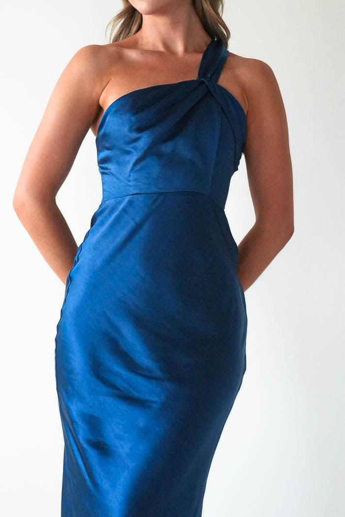 Ashlee Soft Satin One Shoulder Maxi Dress | Navy